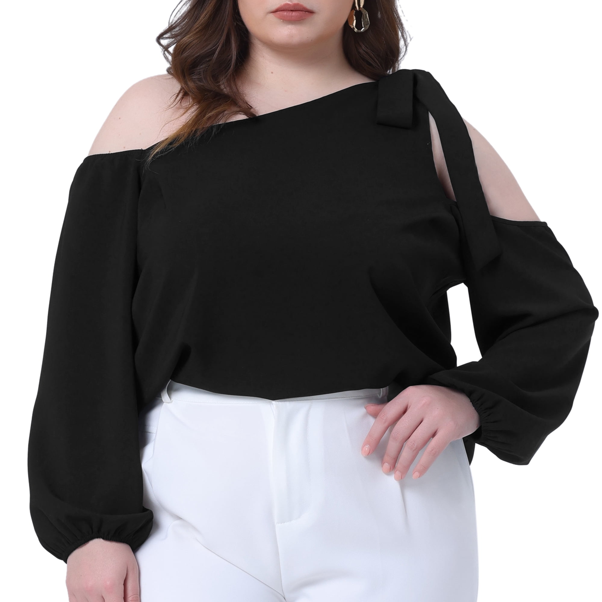 DARING DIVA Women's Plus Cold Shoulder Tie Long Sleeve Blouse 2X Black