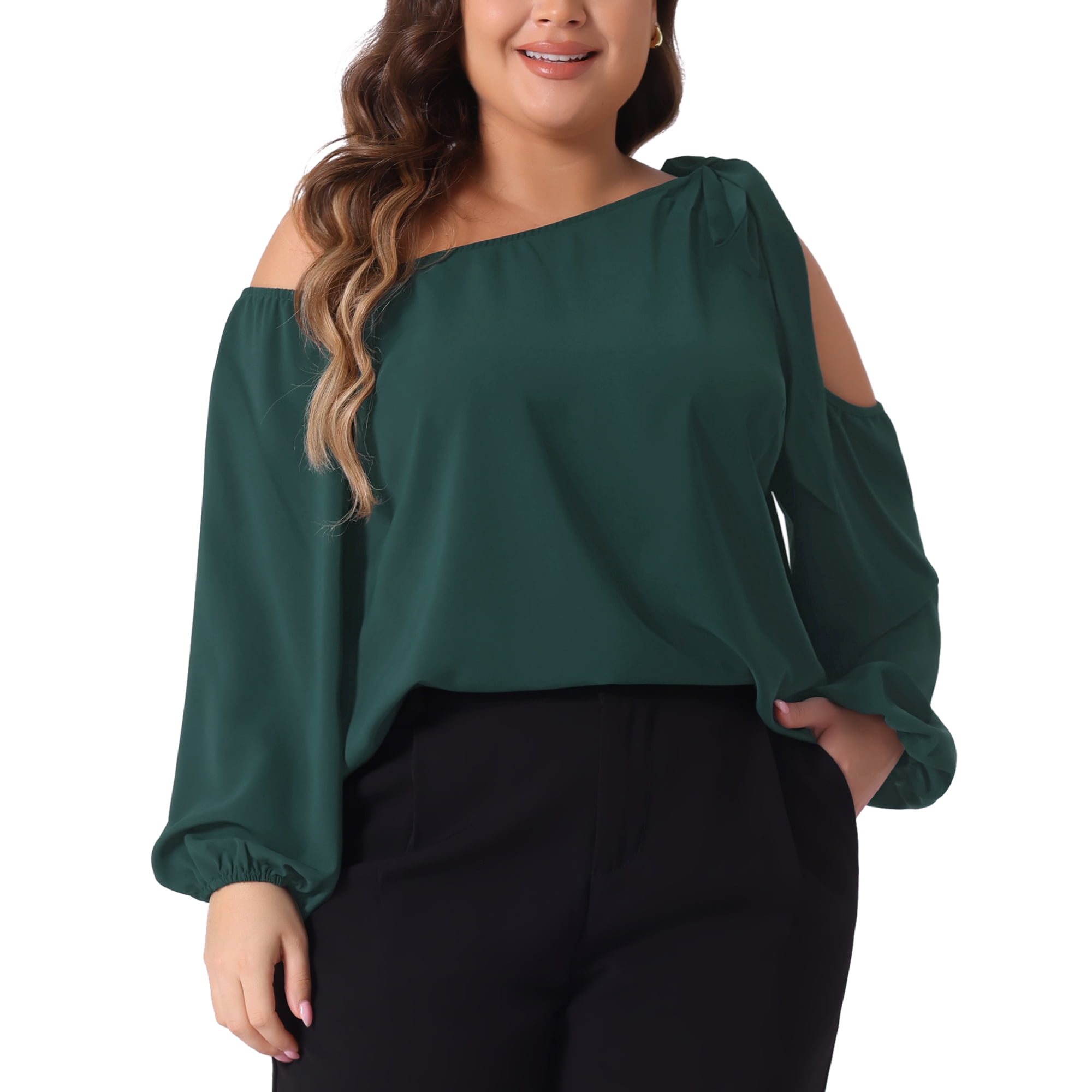 DARING DIVA Women's Plus Cold Shoulder Tie Long Sleeve Blouse 3X Dark Green