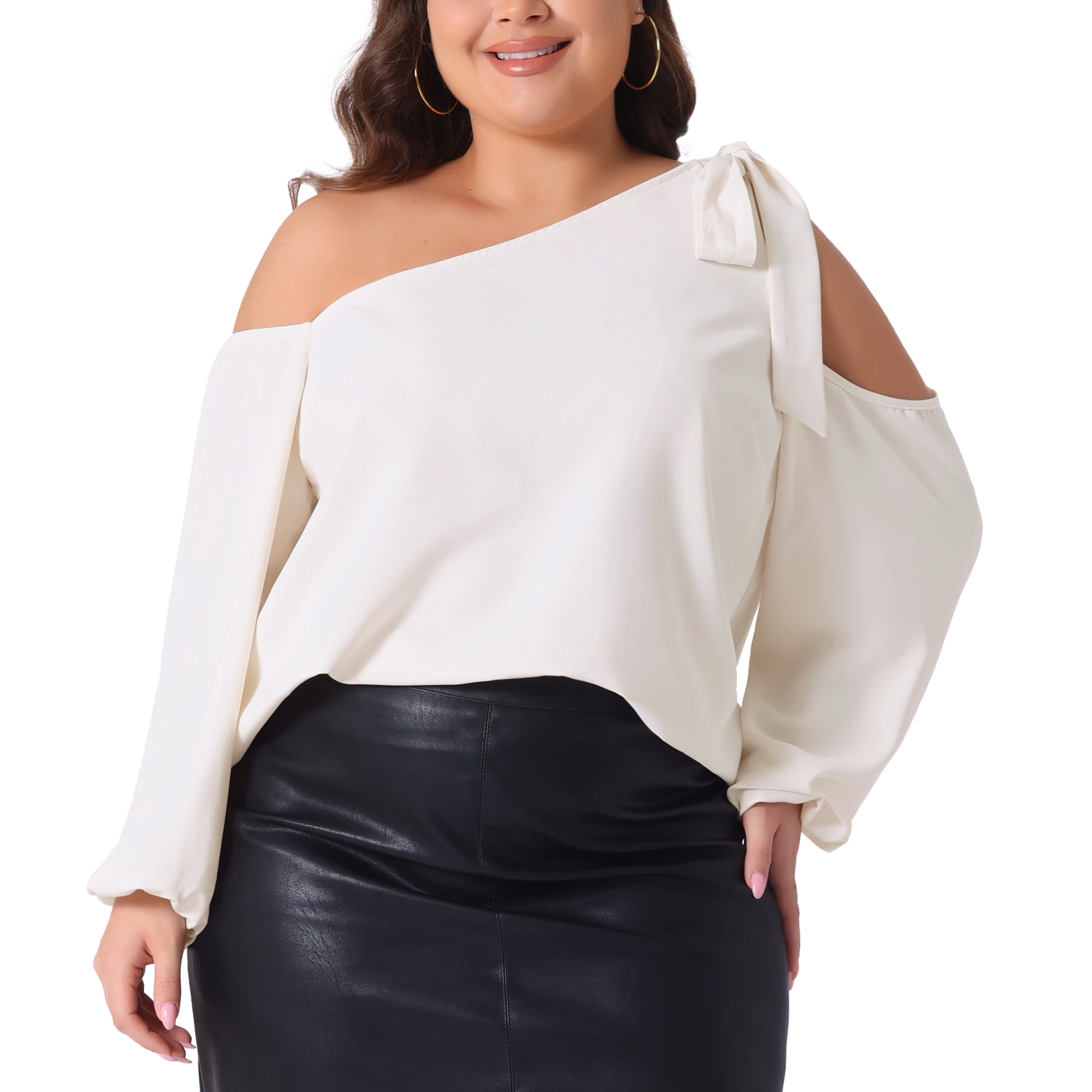 DARING DIVA Women's Plus Cold Shoulder Tie Long Sleeve Blouse 4X Beige