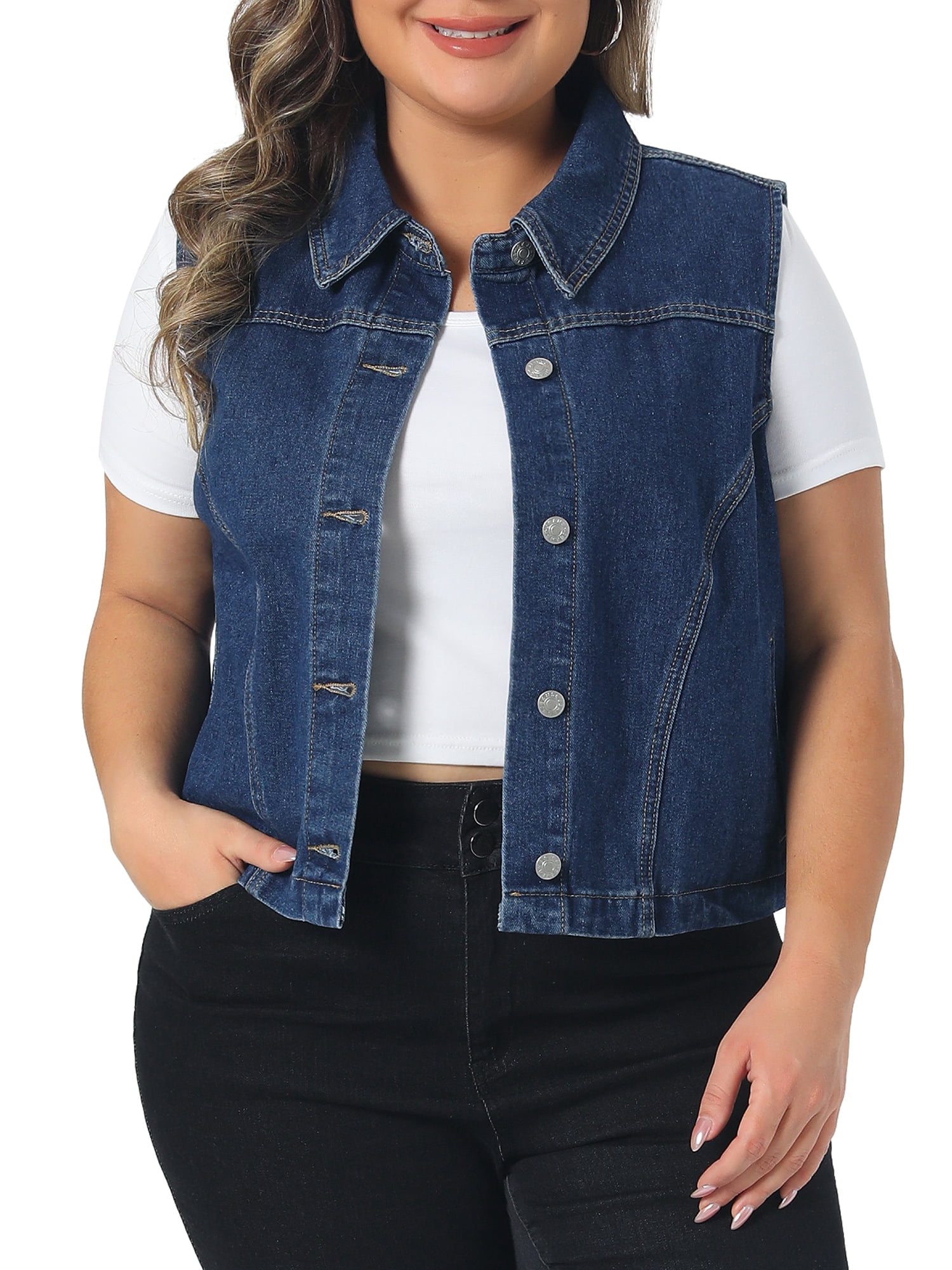 DARING DIVA Women's Plus Collared Neck Button Down Waistcoat Jean Vest 1X Dark Blue