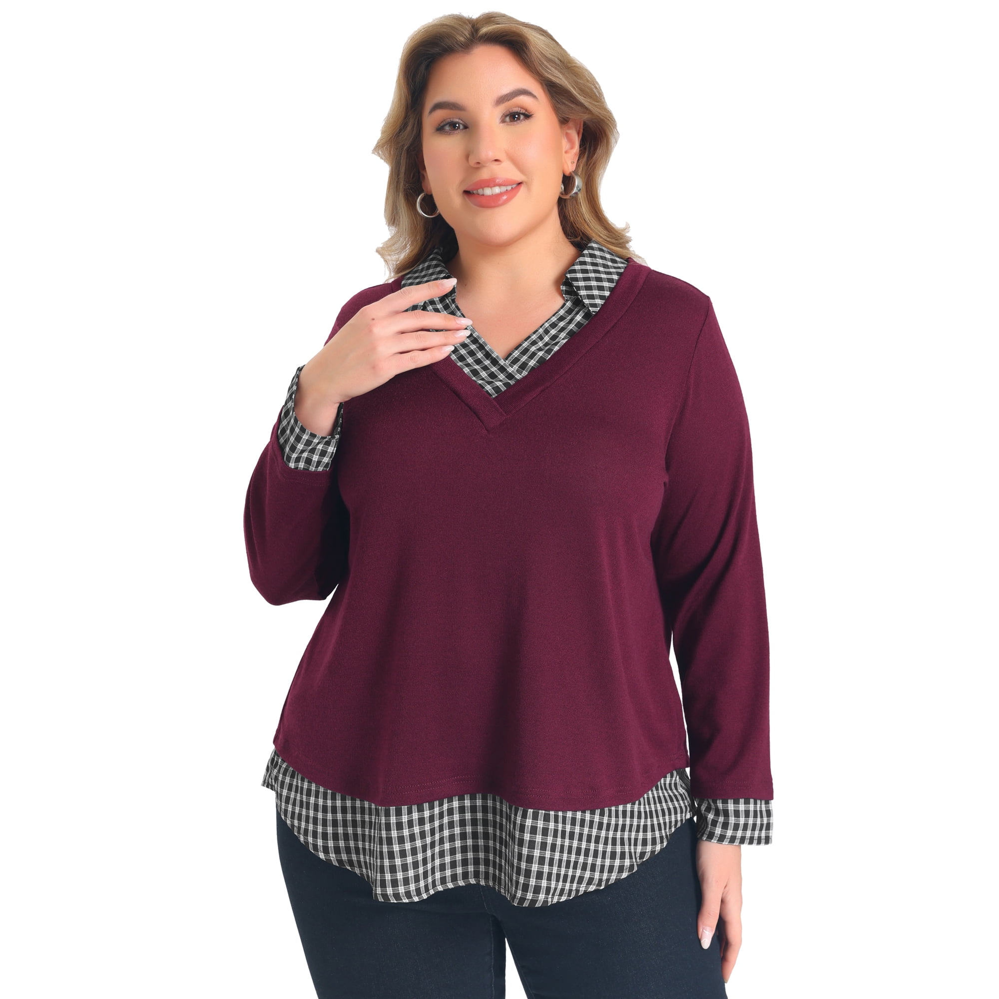 DARING DIVA Women's Plus Collared Plaid Contrast Patchwork Long 1X Burgundy
