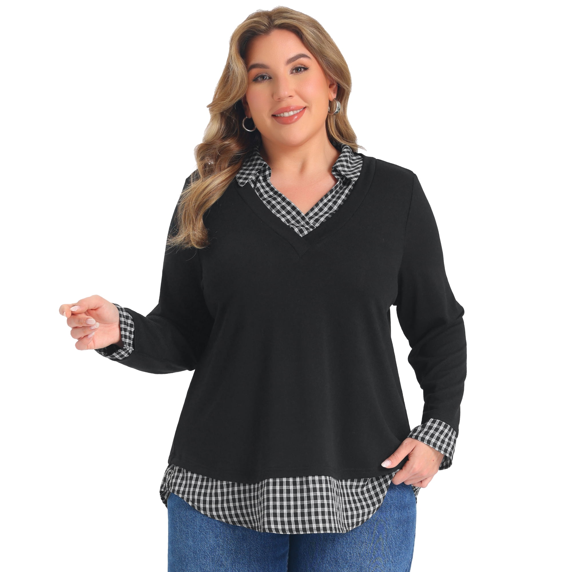 DARING DIVA Women's Plus Collared Plaid Contrast Patchwork Long 2X Black