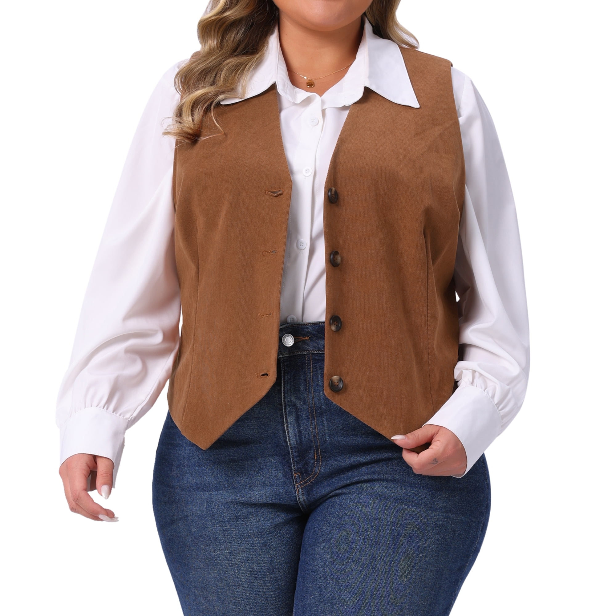DARING DIVA Women's Plus Corduroy Lined V Neck Sleeveless Jacket 2X Brown