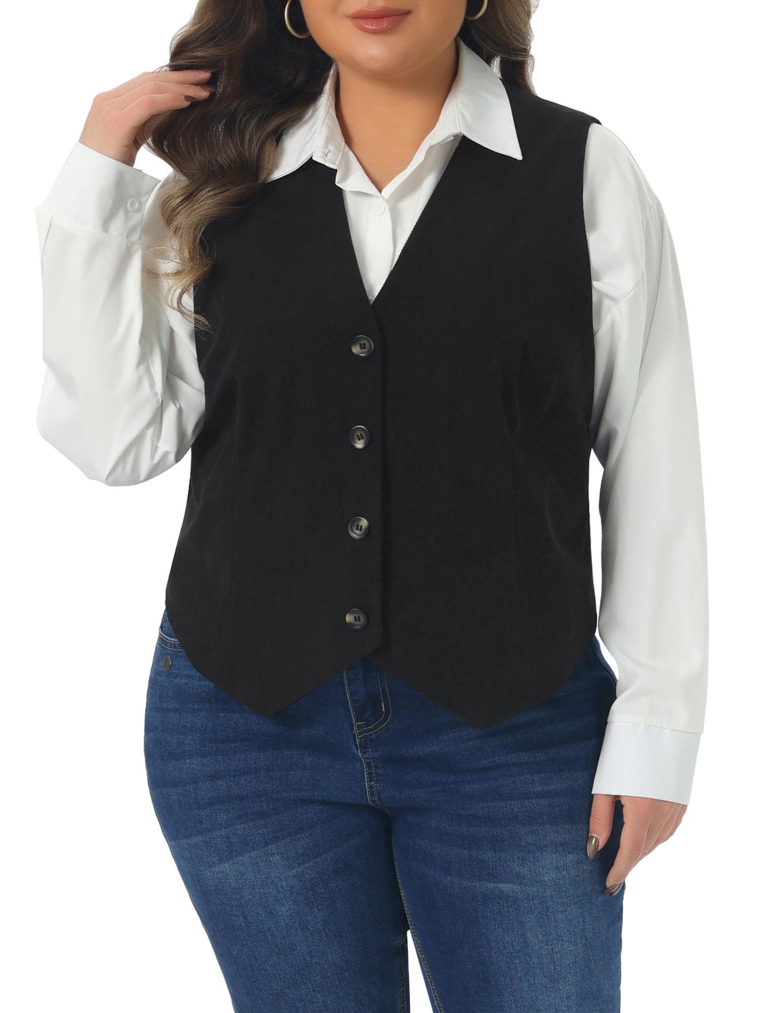 DARING DIVA Women's Plus Corduroy Lined V Neck Sleeveless Jacket 3X Black