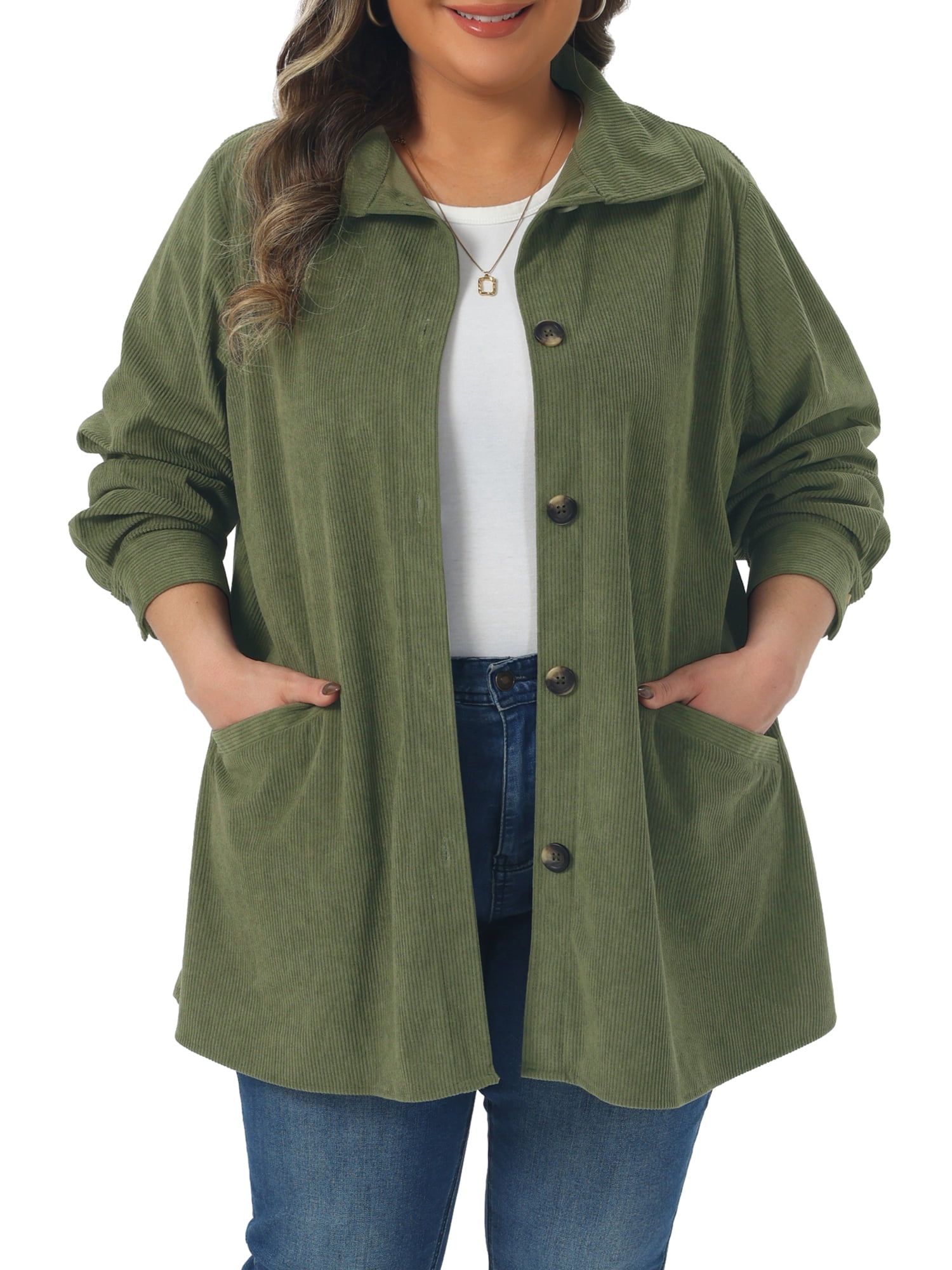 DARING DIVA Women's Plus Corduroy Long Sleeve Button Down Shacket Jacket 1X Army Green