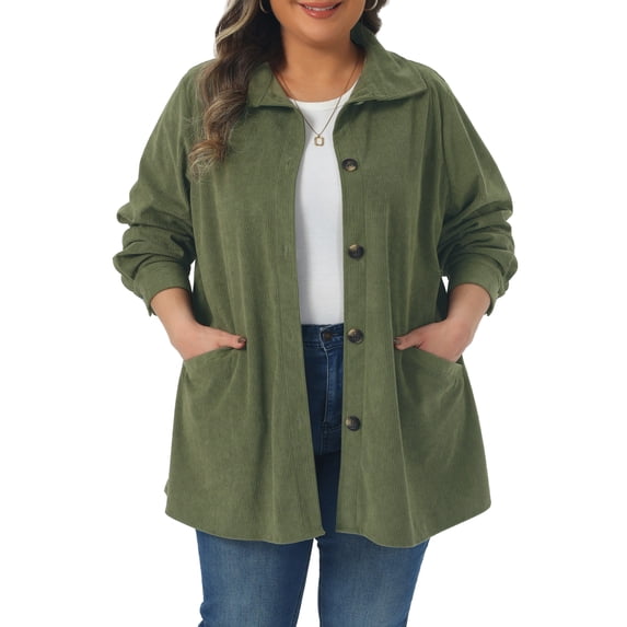 DARING DIVA Women's Plus Corduroy Long Sleeve Button Down Shacket Jacket 2X Army Green