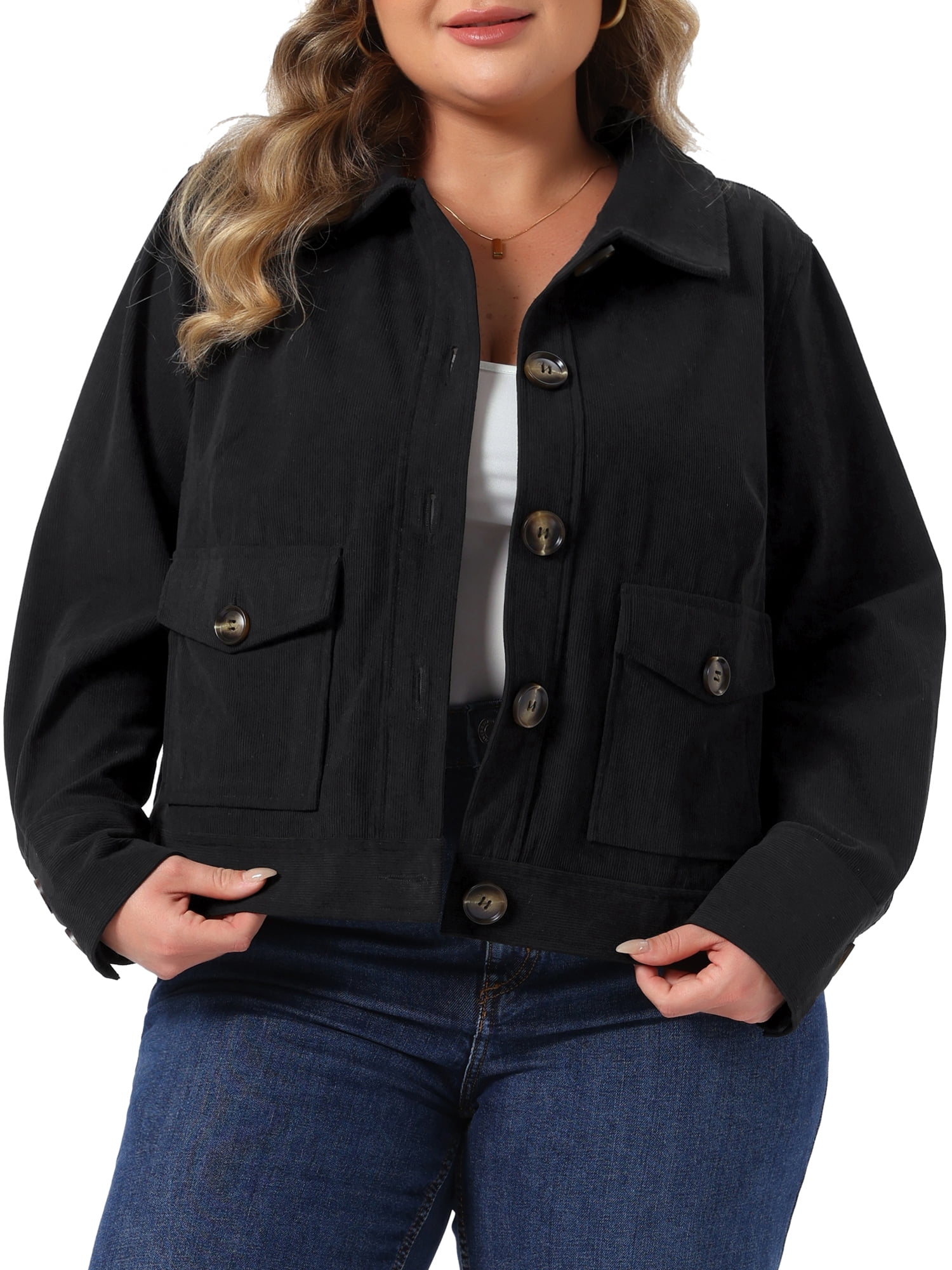 DARING DIVA Women's Plus Corduroy Long Sleeve Button Pockets Jacket 2X Black