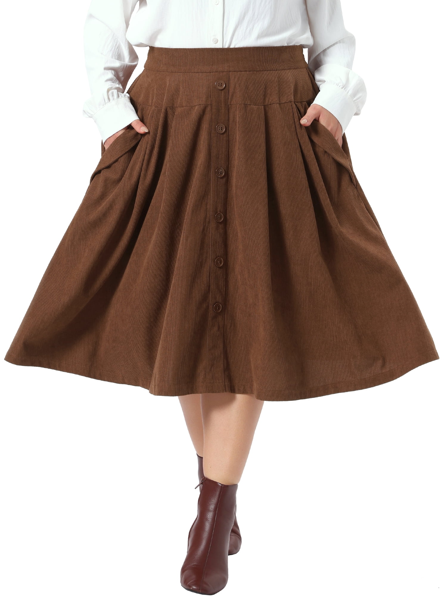 DARING DIVA Women's Plus Corduroy Midi A-line Soft Corduroy Skirt 1X Brown
