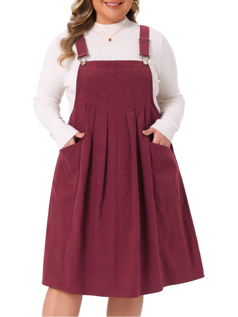 burgundy corduroy dress womens DARING DIVA Women's Plus Pinafore Pleated Skirt 2X Made from a soft 7.6flash Pleated Off Shoulder Sequined Color:White with Light Blue Ribbon