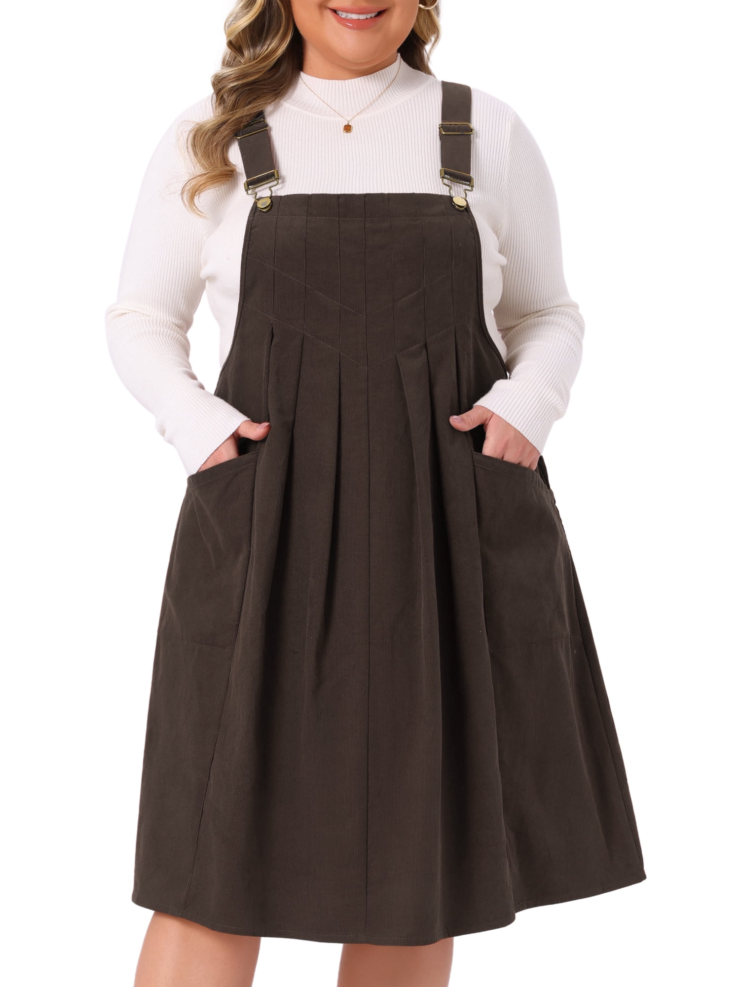 DARING DIVA Women's Plus Corduroy Pinafore Dress Pleated Skirt 2X Dark Brown