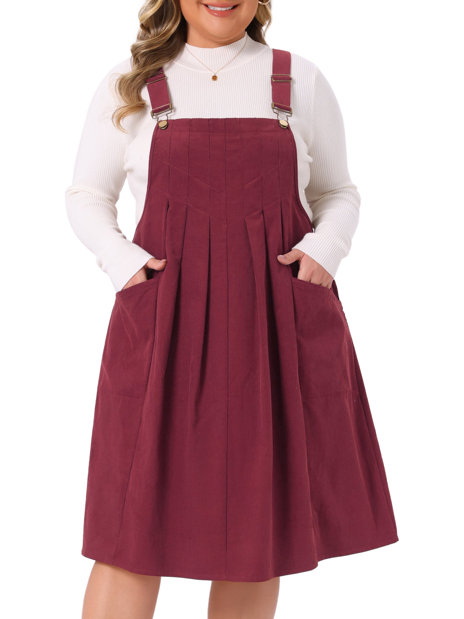 DARING DIVA Women's Plus Corduroy Pinafore Dress Pleated Skirt 3X Burgundy