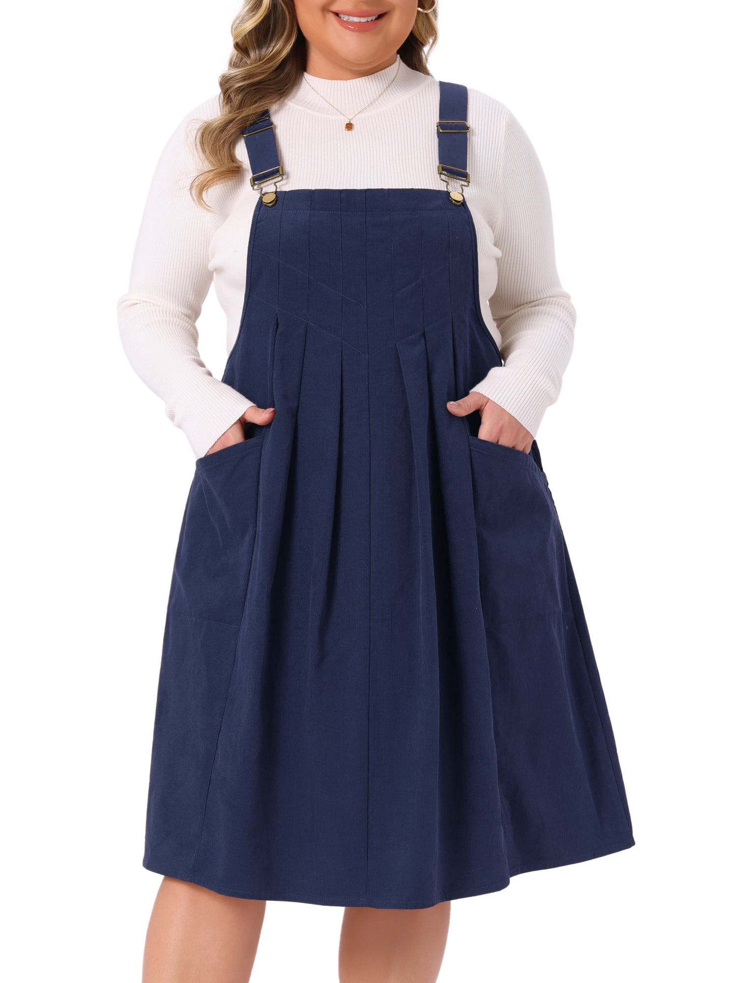 DARING DIVA Women's Plus Corduroy Pinafore Dress Pleated Skirt 3X Dark Blue