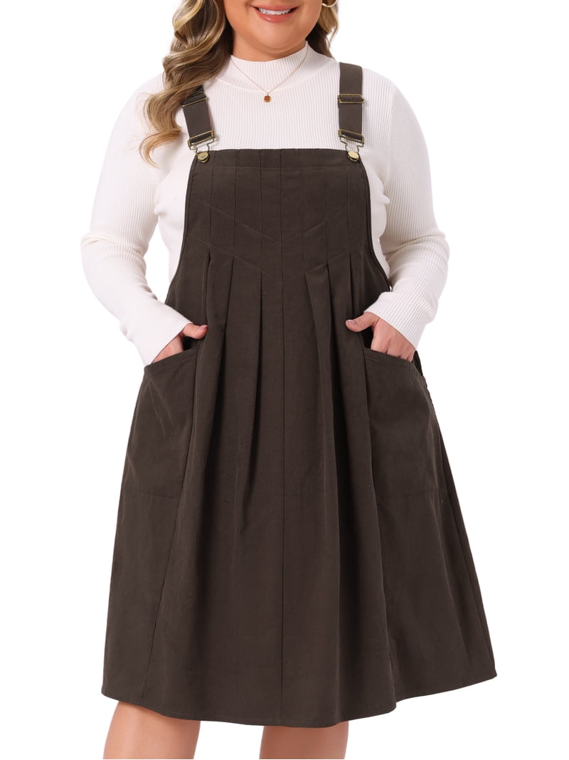 DARING DIVA Women's Plus Corduroy Pinafore Dress Pleated Skirt 4X Dark Brown