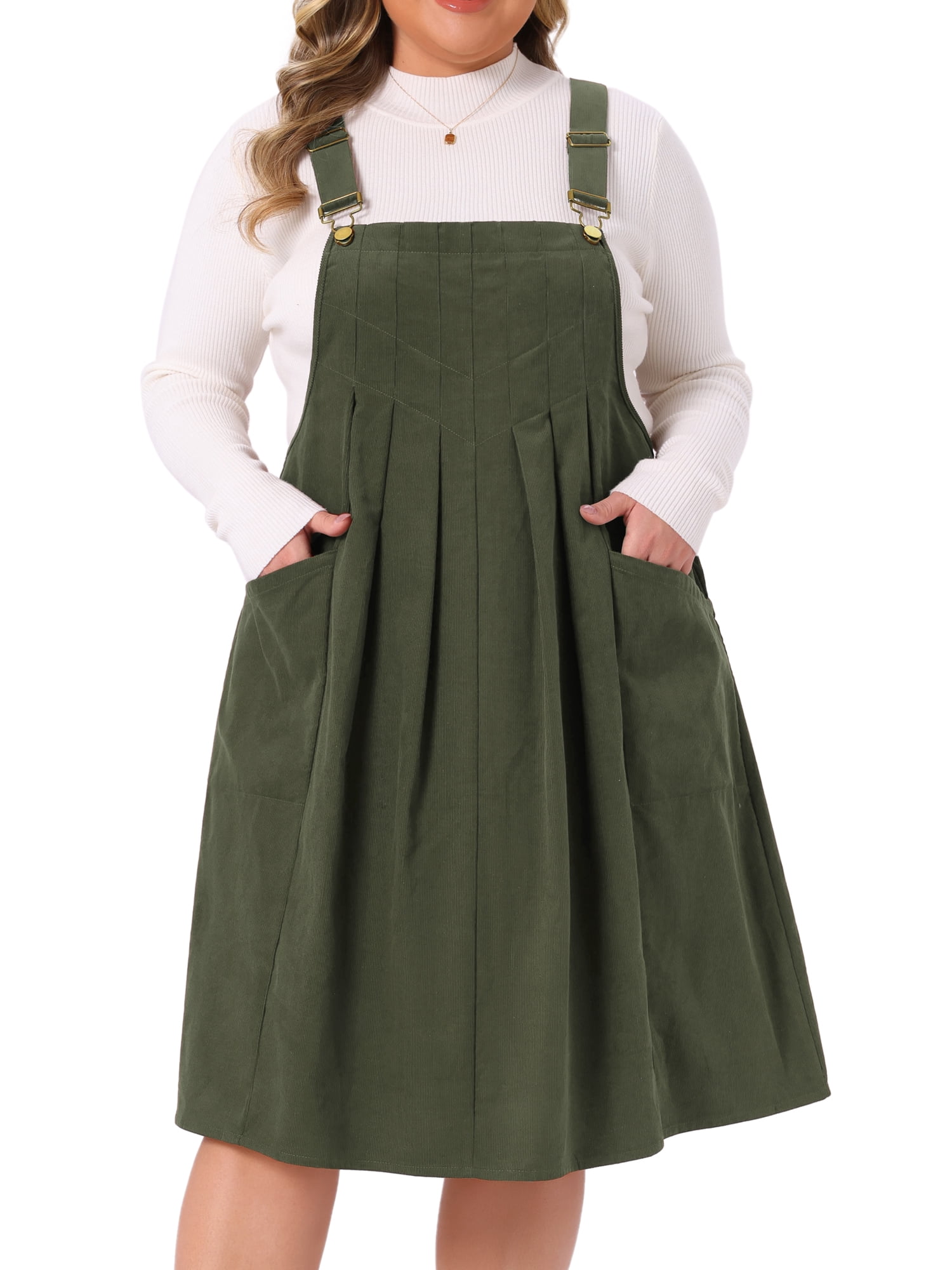 DARING DIVA Women's Plus Corduroy Pinafore Dress Pleated Skirt 1X Army Green