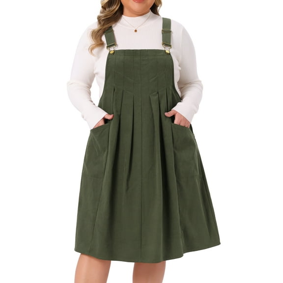 DARING DIVA Women's Plus Corduroy Pinafore Dress Suspender Skirt 1X Army Green
