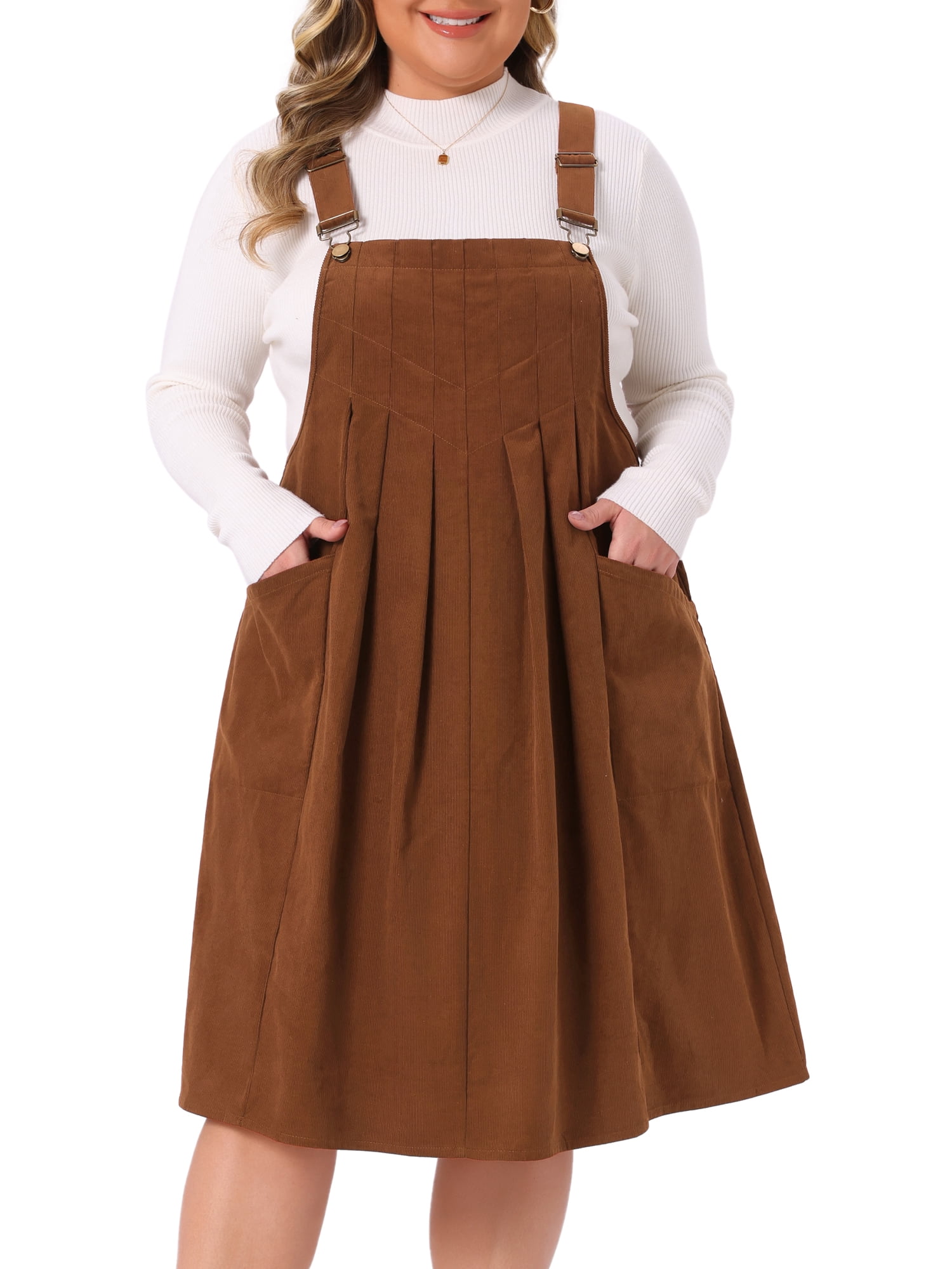DARING DIVA Women's Plus Corduroy Pinafore Dress Pleated Skirt 3X Brown