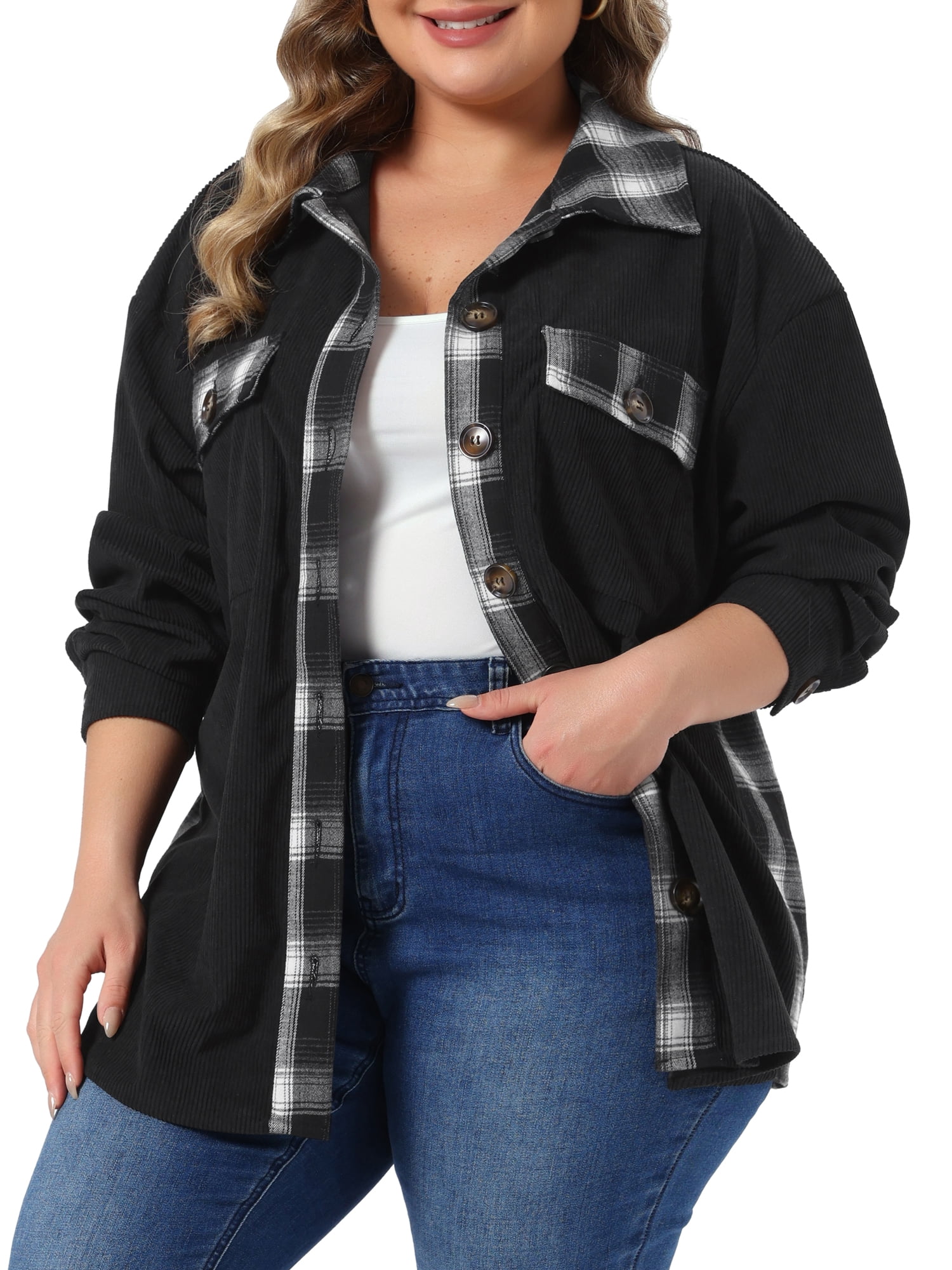 DARING DIVA Women's Plus Corduroy Plaid Long Sleeve Shacket 3X Black