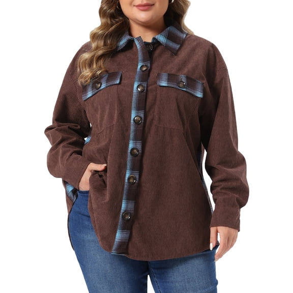 DARING DIVA Women's Plus Corduroy Plaid Long Sleeve Shacket 3X Brown