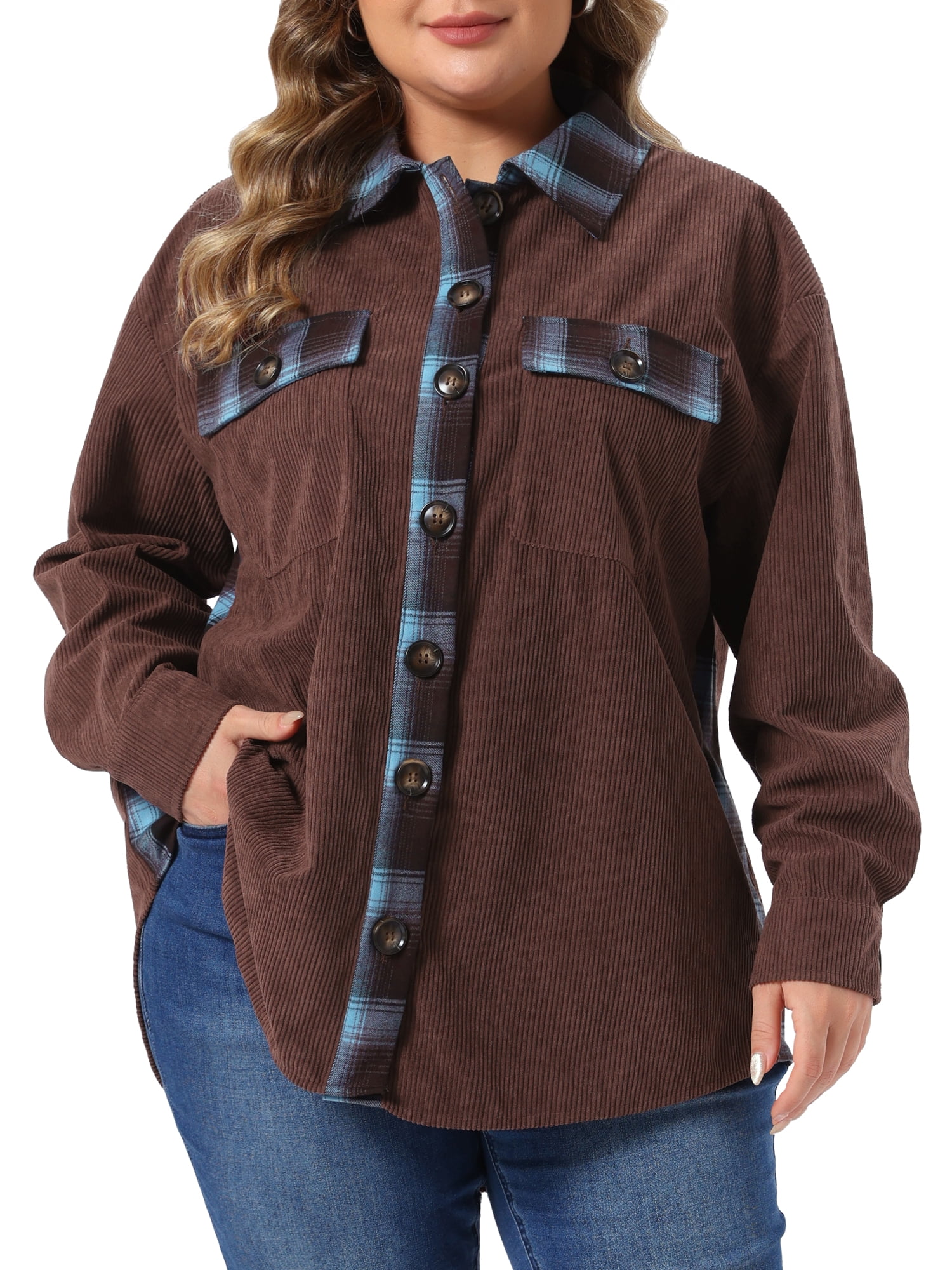 DARING DIVA Women's Plus Corduroy Plaid Long Sleeve Shacket 4X Brown