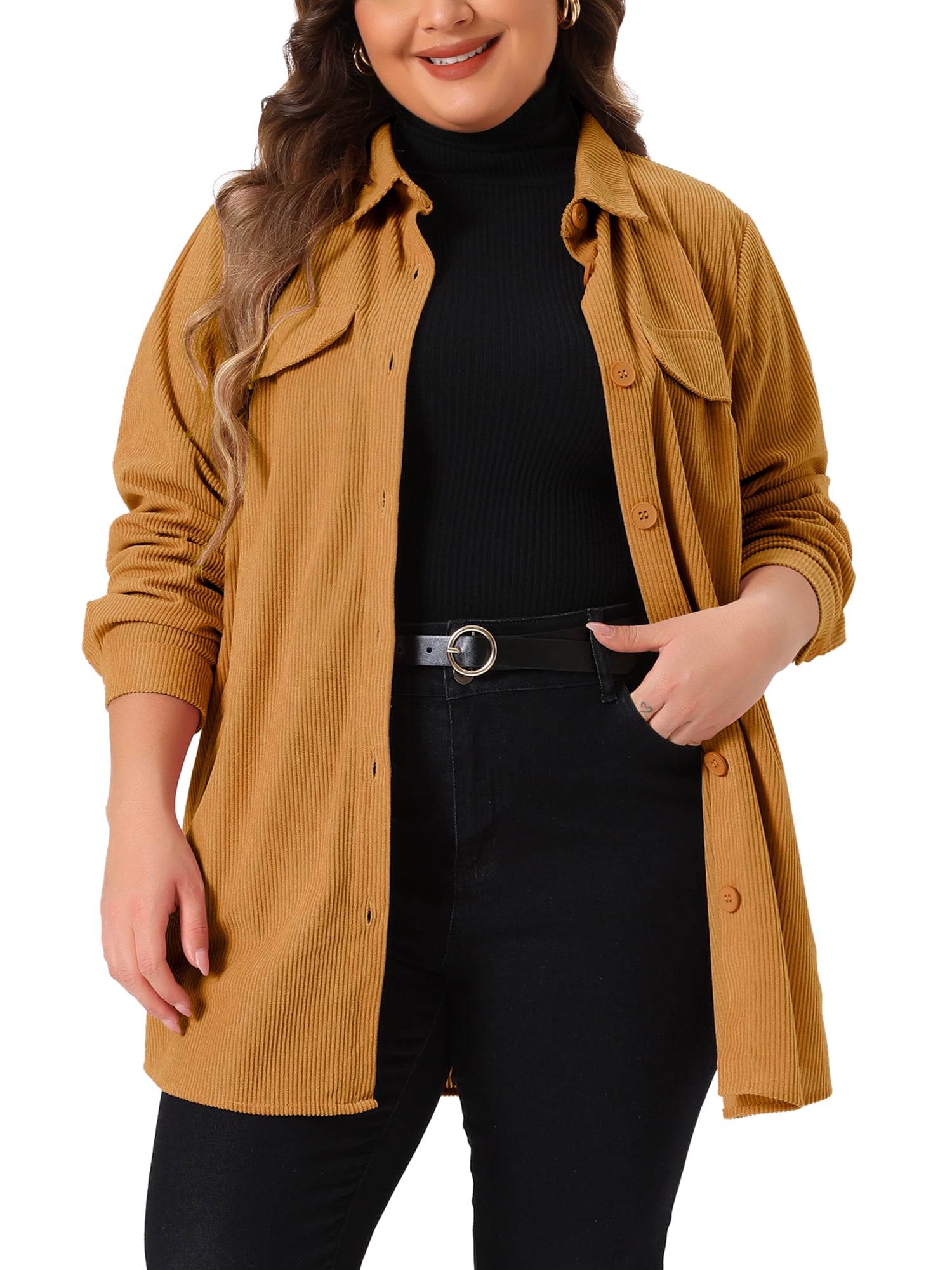 DARING DIVA Women's Plus Corduroy Shirts Button Down Shackets Jacket 1X Brown