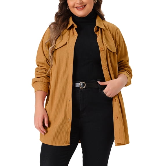 DARING DIVA Women's Plus Corduroy Shirts Button Down Shackets Jacket 3X Brown