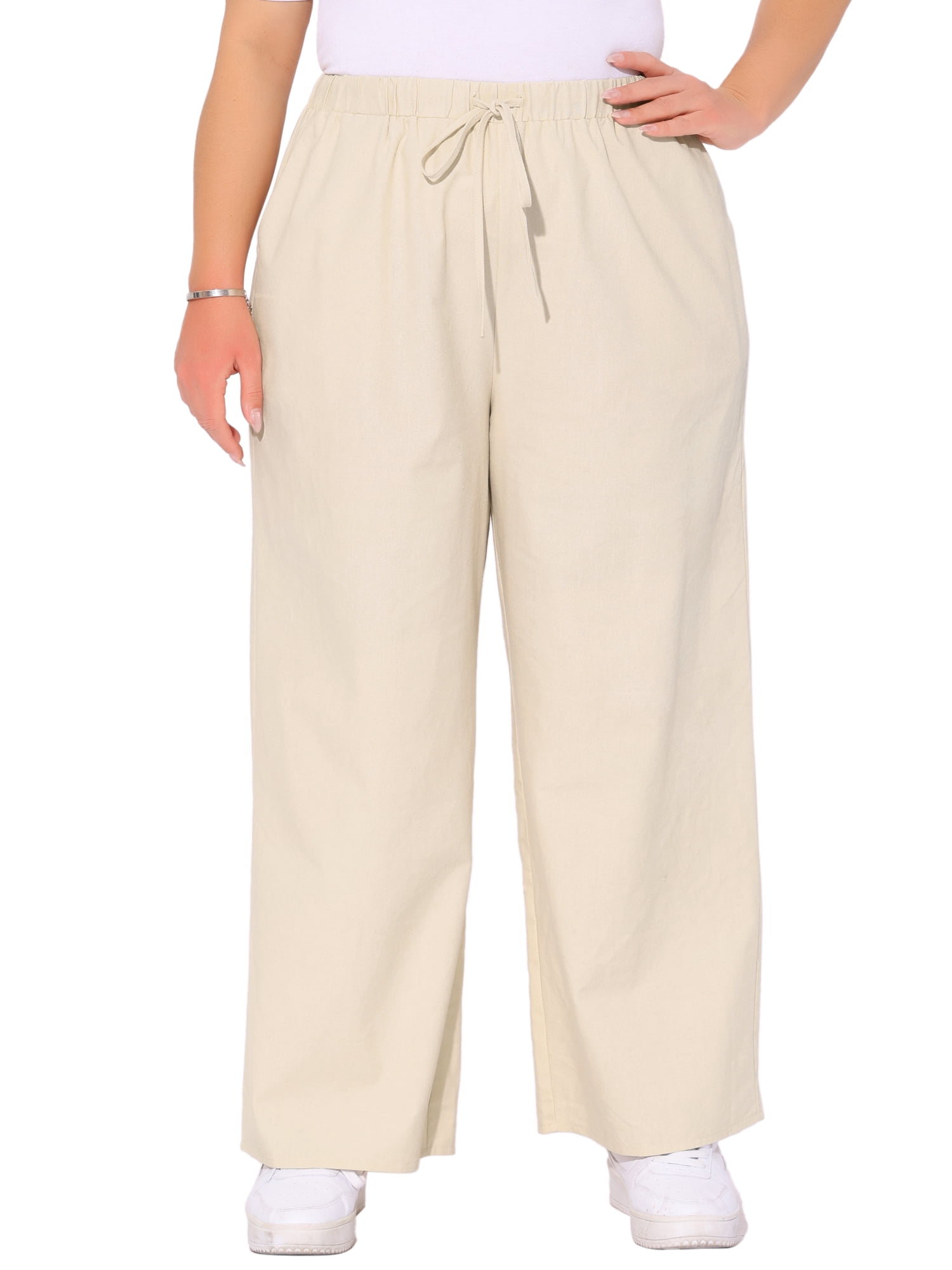 DARING DIVA Women's Plus Cotton Linen Summer Palazzo Pants with Pockets 1X Apricot