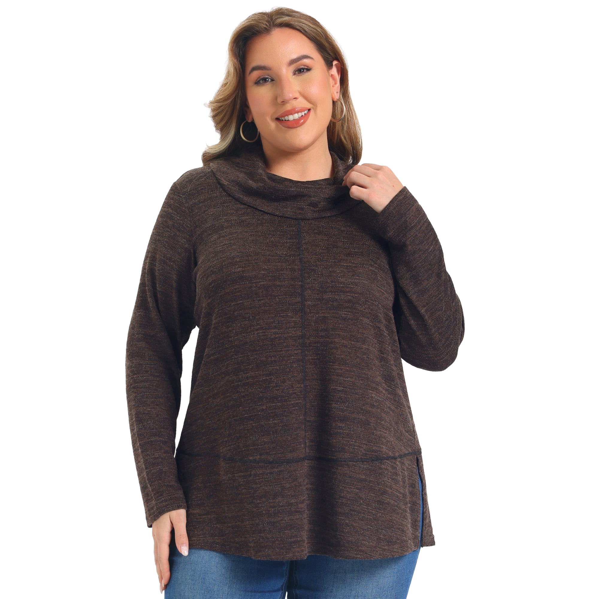 DARING DIVA Women's Plus Cowl Neck Long Sleeve Pullover Sweater 1X Dark Brown