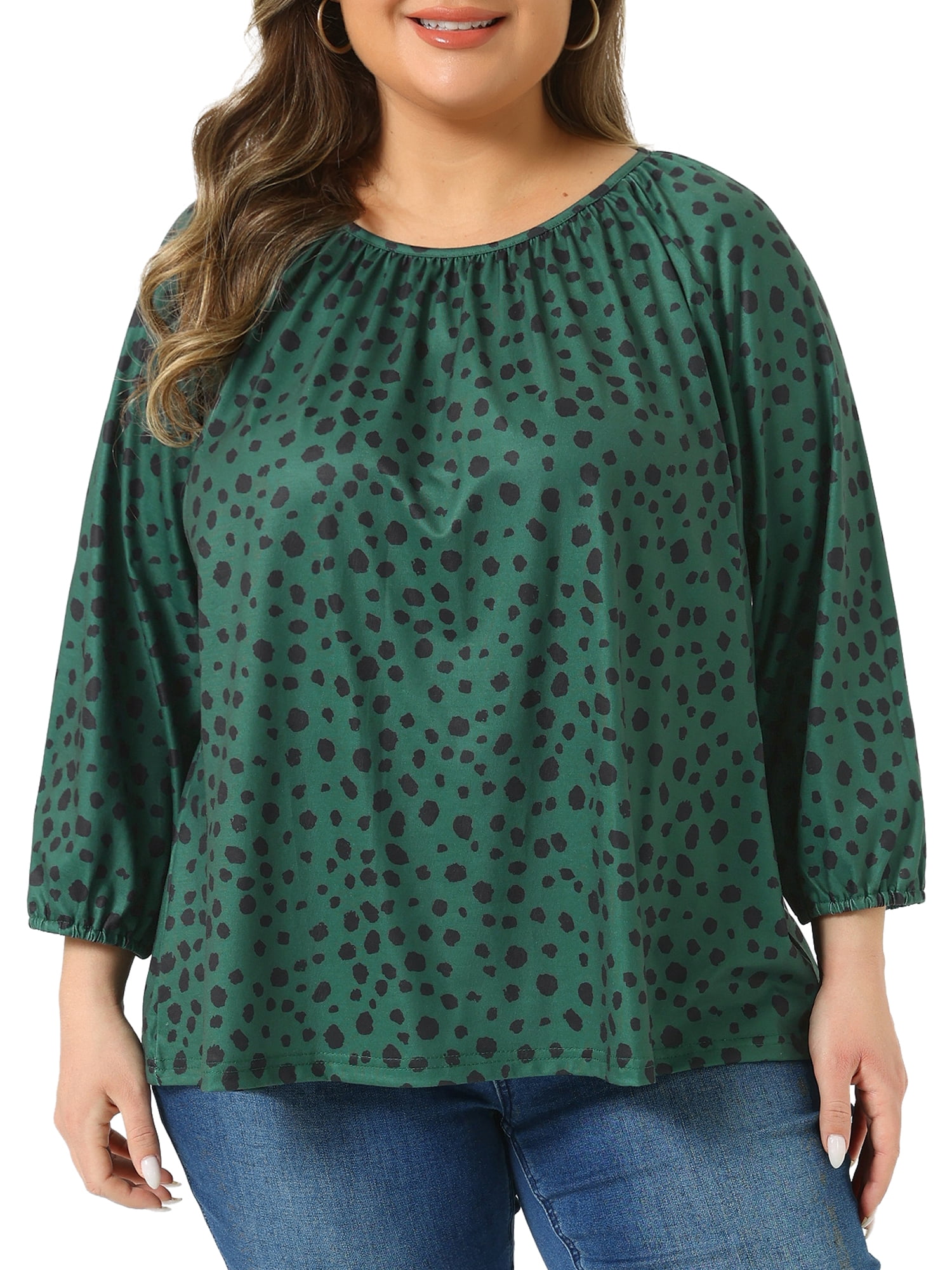 DARING DIVA  Women's Plus Crew Neck 3/4 Sleeve Blouse 1X Dark Green