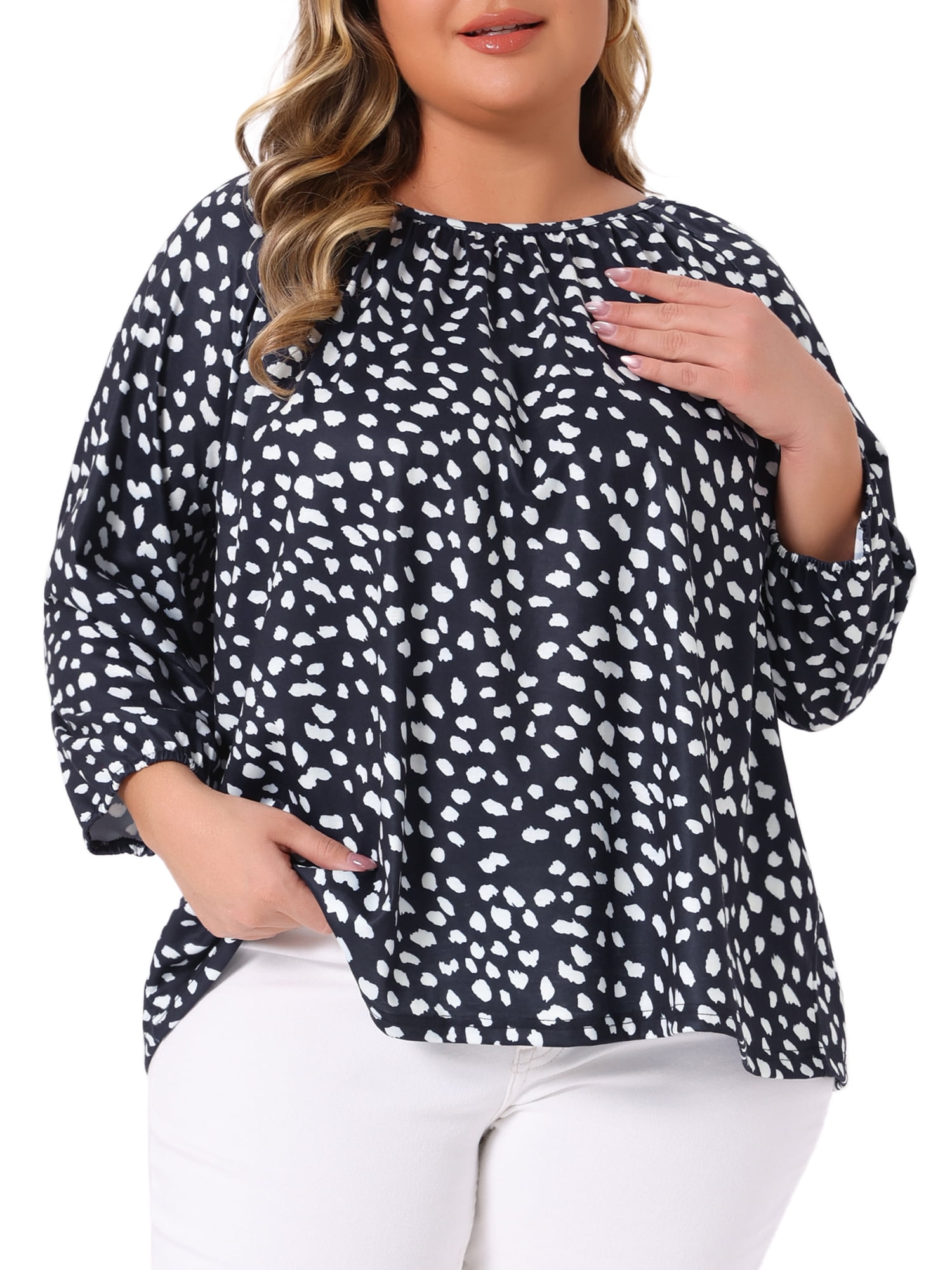 DARING DIVA  Women's Plus Crew Neck 3/4 Sleeve Blouse 1X Navy Blue