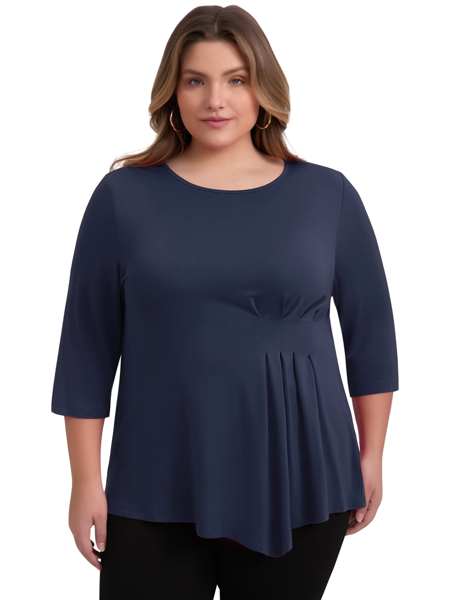 DARING DIVA Women's Plus Crew Neck 3/4 Sleeve Waist Pleated Blouse 2X Dark Blue