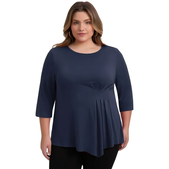 DARING DIVA Women's Plus Crew Neck 3/4 Sleeve Waist Pleated Blouse 3X Dark Blue