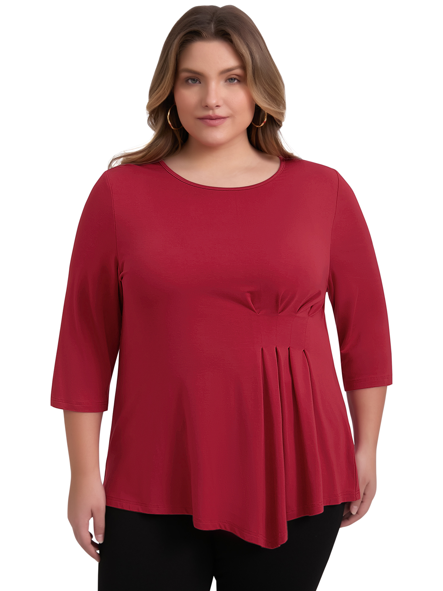 DARING DIVA Women's Plus Crew Neck 3/4 Sleeve Waist Pleated Blouse 4X Red