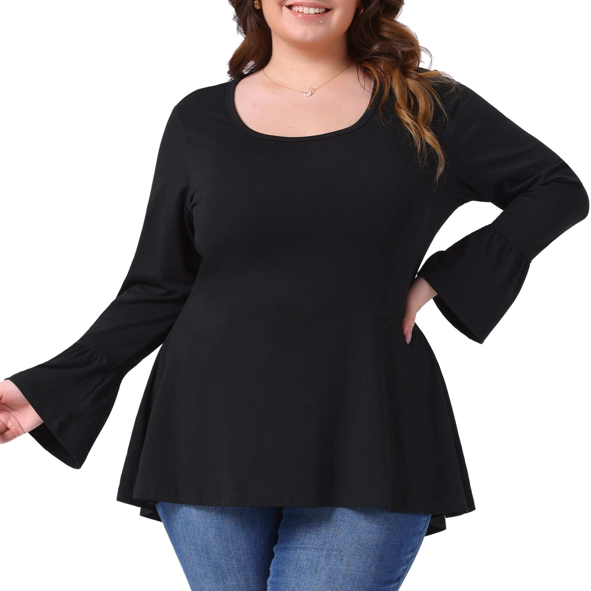 DARING DIVA Women's Plus Tops Crew Neck Bell High Low Hem Blouses 1X Black