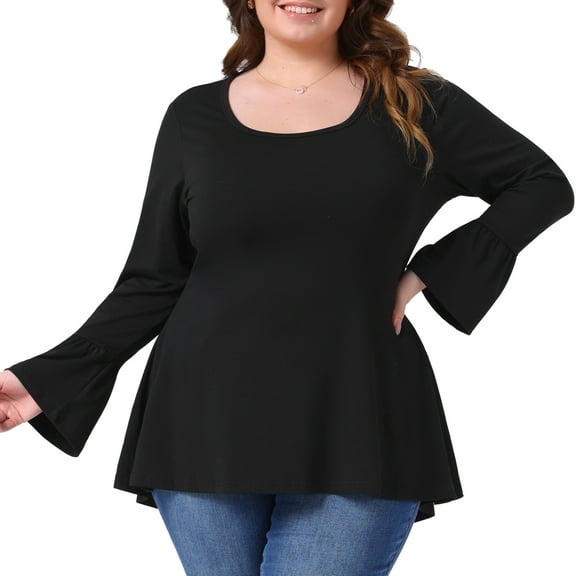 DARING DIVA Women's Plus Crew Neck Bell Long Sleeve High Low Hem Blouse 4X Black