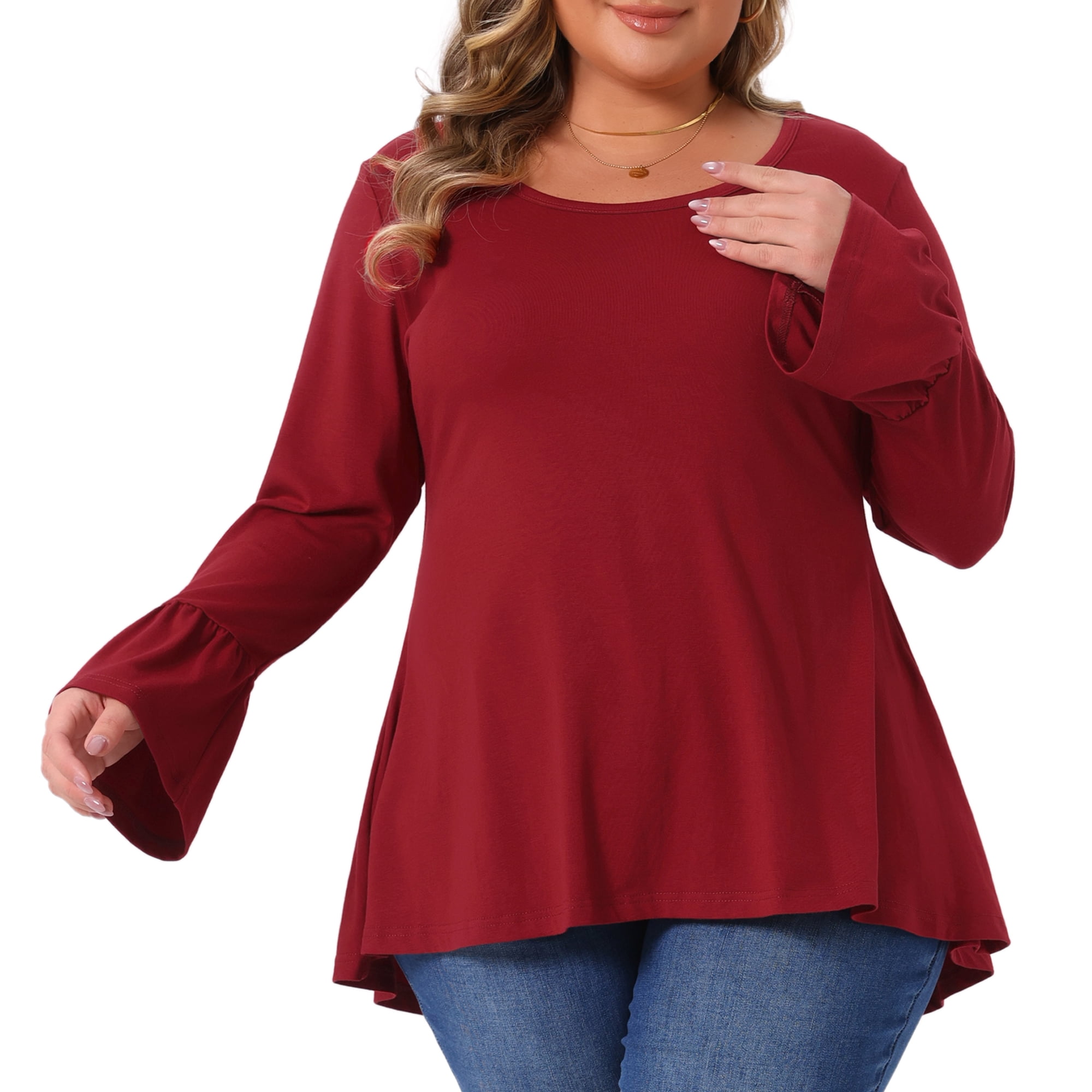 DARING DIVA Women's Plus Tops Crew Neck Bell High Low Hem Blouses 4X Burgundy