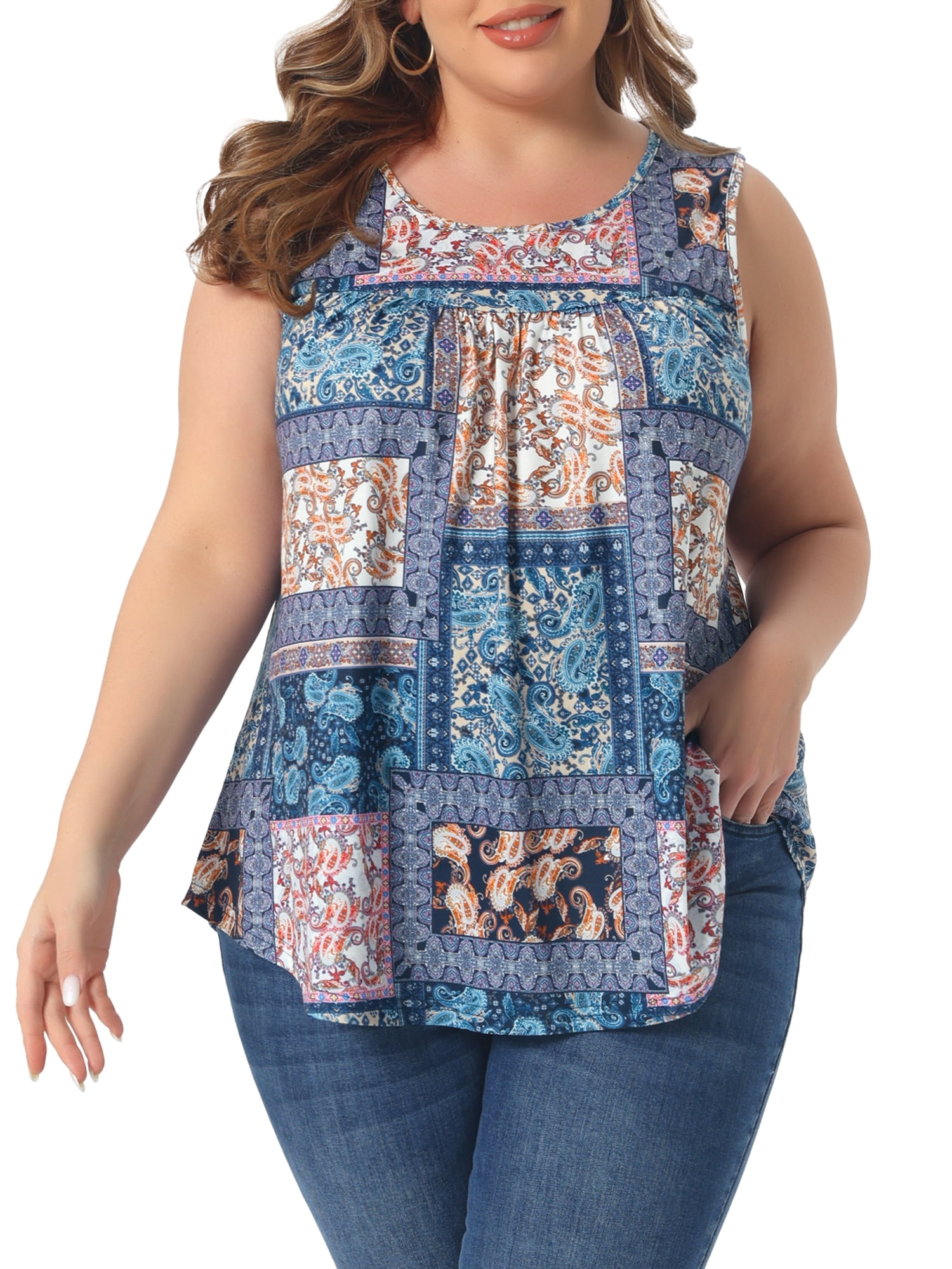 DARING DIVA Women's Plus Crew Neck Boho Pleated Curved Hem Tank Top Blouse 1X Navy Blue