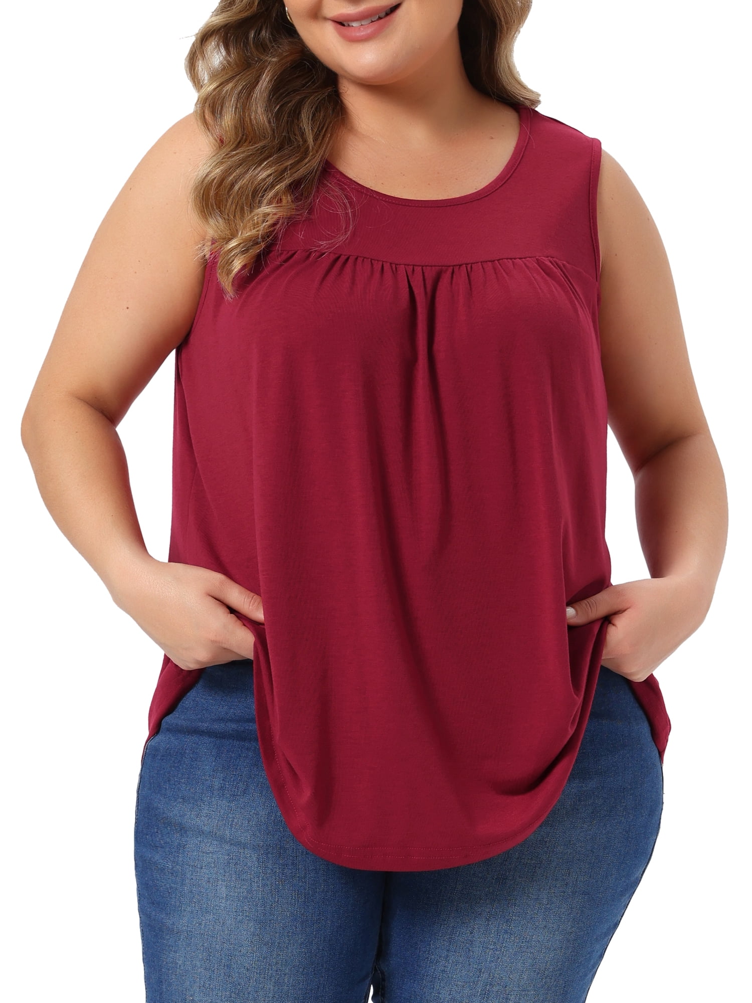 DARING DIVA Women's Plus Crew Neck Boho Pleated Curved Hem Tank Top Blouse 4X Burgundy