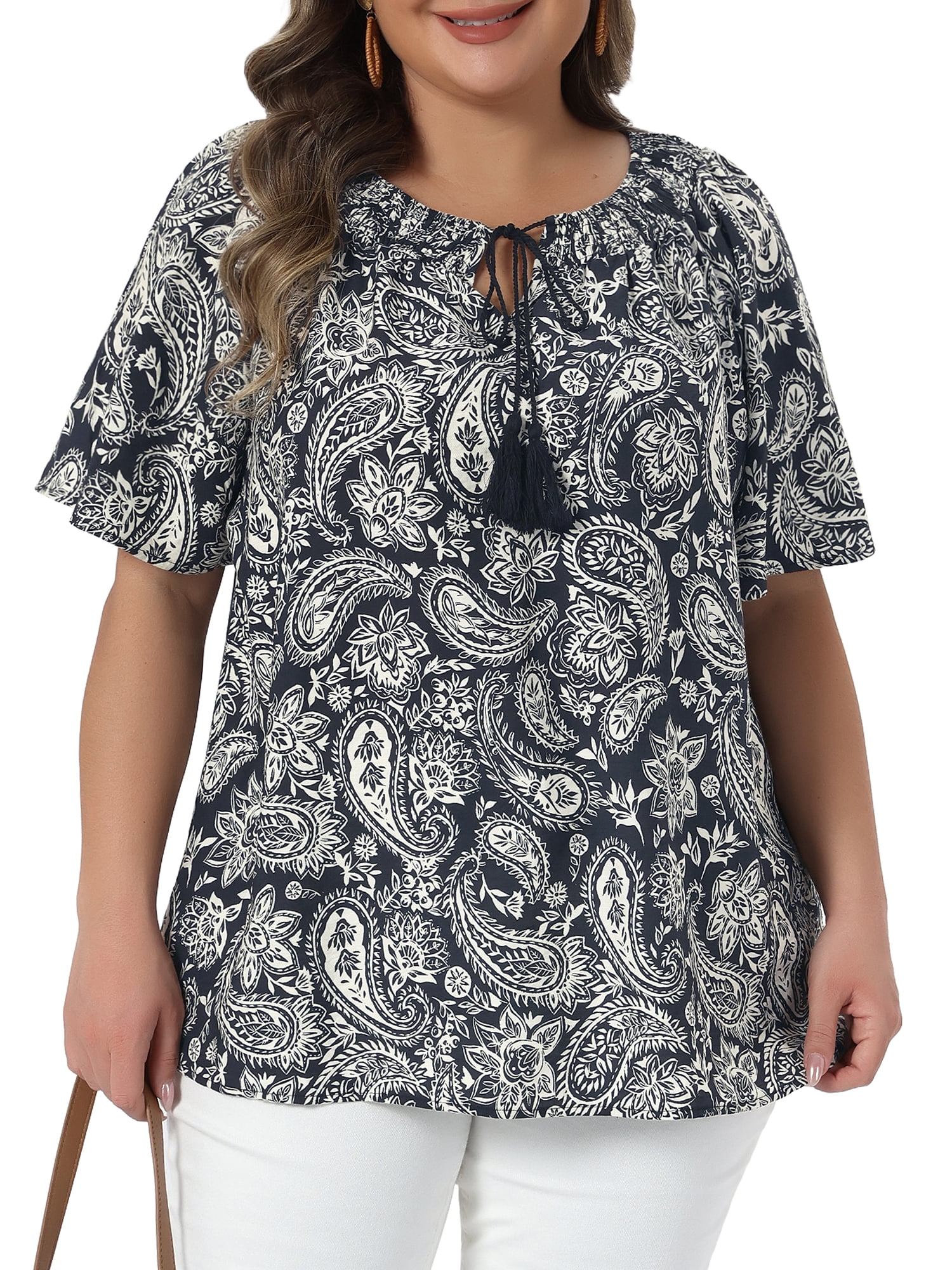 DARING DIVA Women's Plus Crew Neck Boho Print Blouse Vacation Casual 2X Black