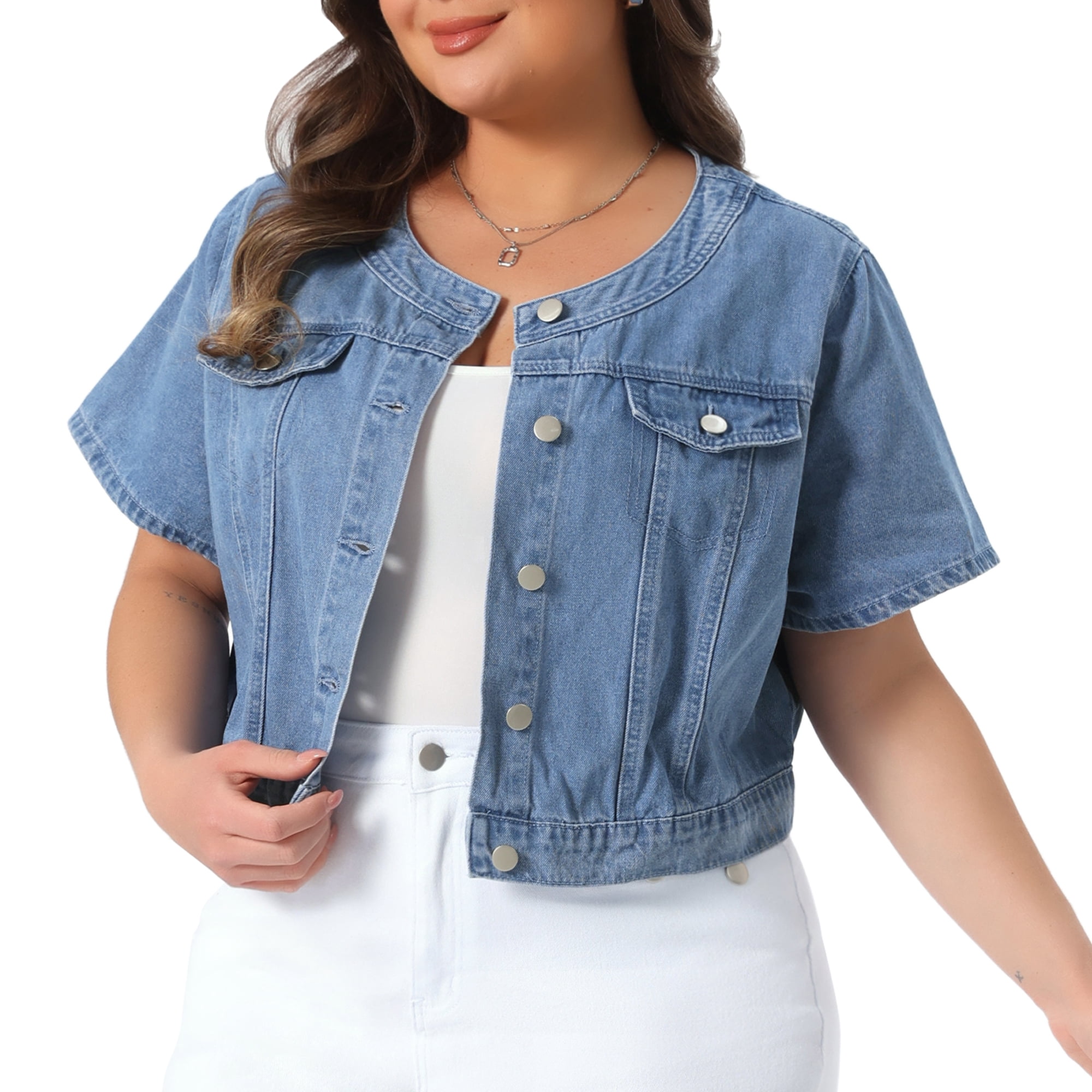 DARING DIVA Women's Plus Crew Neck Button Down Cropped Denim Vest 4X Light Blue
