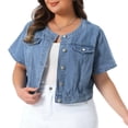 thumbnail image 1 of DARING DIVA Women's Plus Crew Neck Button Down Cropped Denim Vest 4X Light Blue, 1 of 6