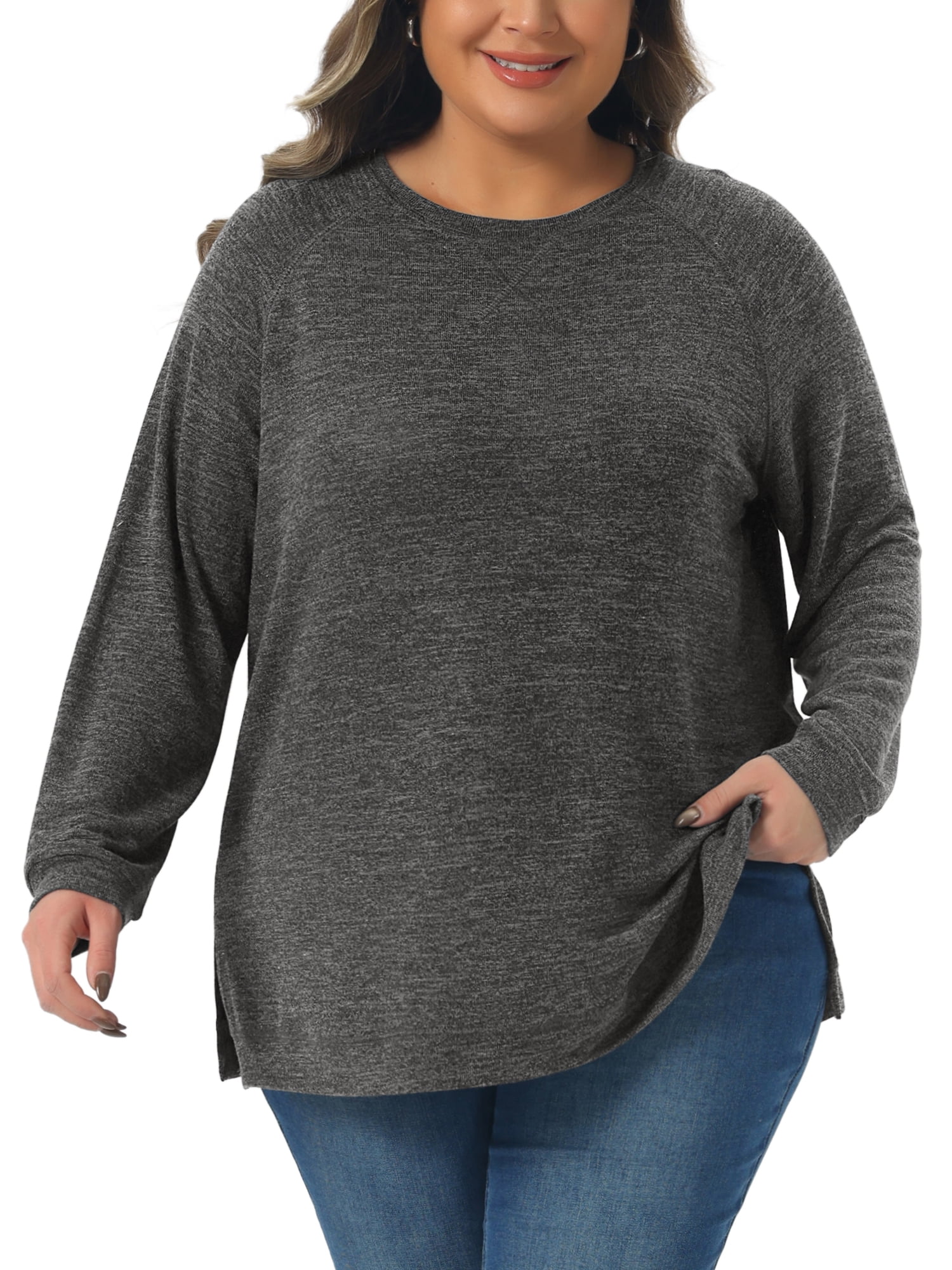 DARING DIVA Women's Plus Crew Neck Casual Pullover Knit Blouse Top 2X Black Gray