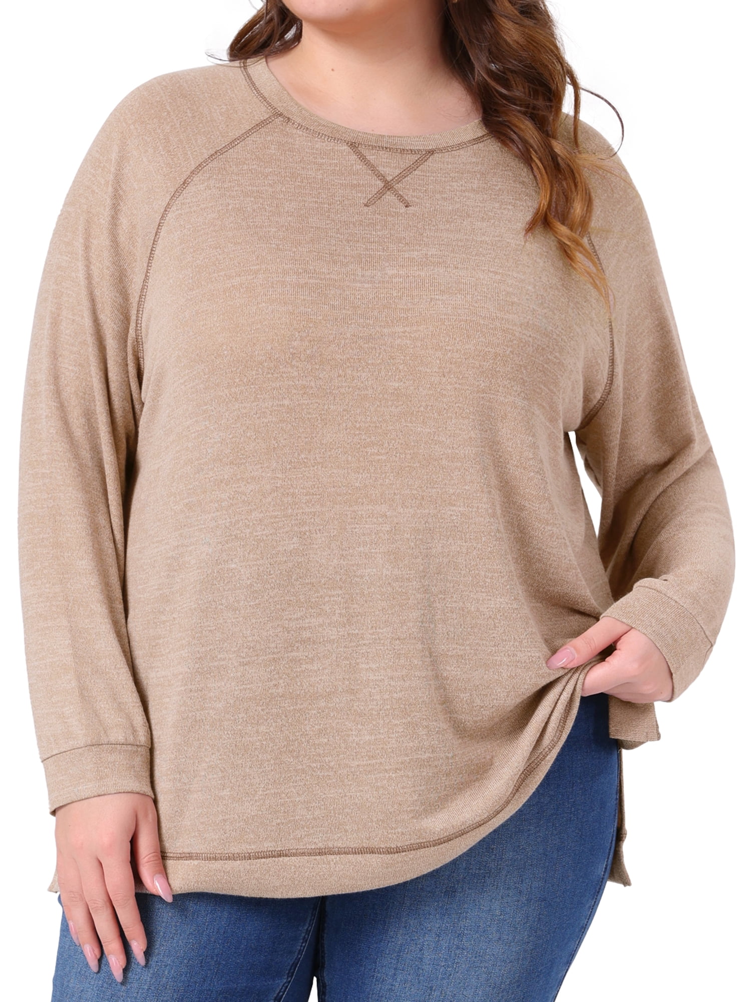 DARING DIVA Women's Plus Crew Neck Casual Pullover Knit Blouse Top 4X Light Brown