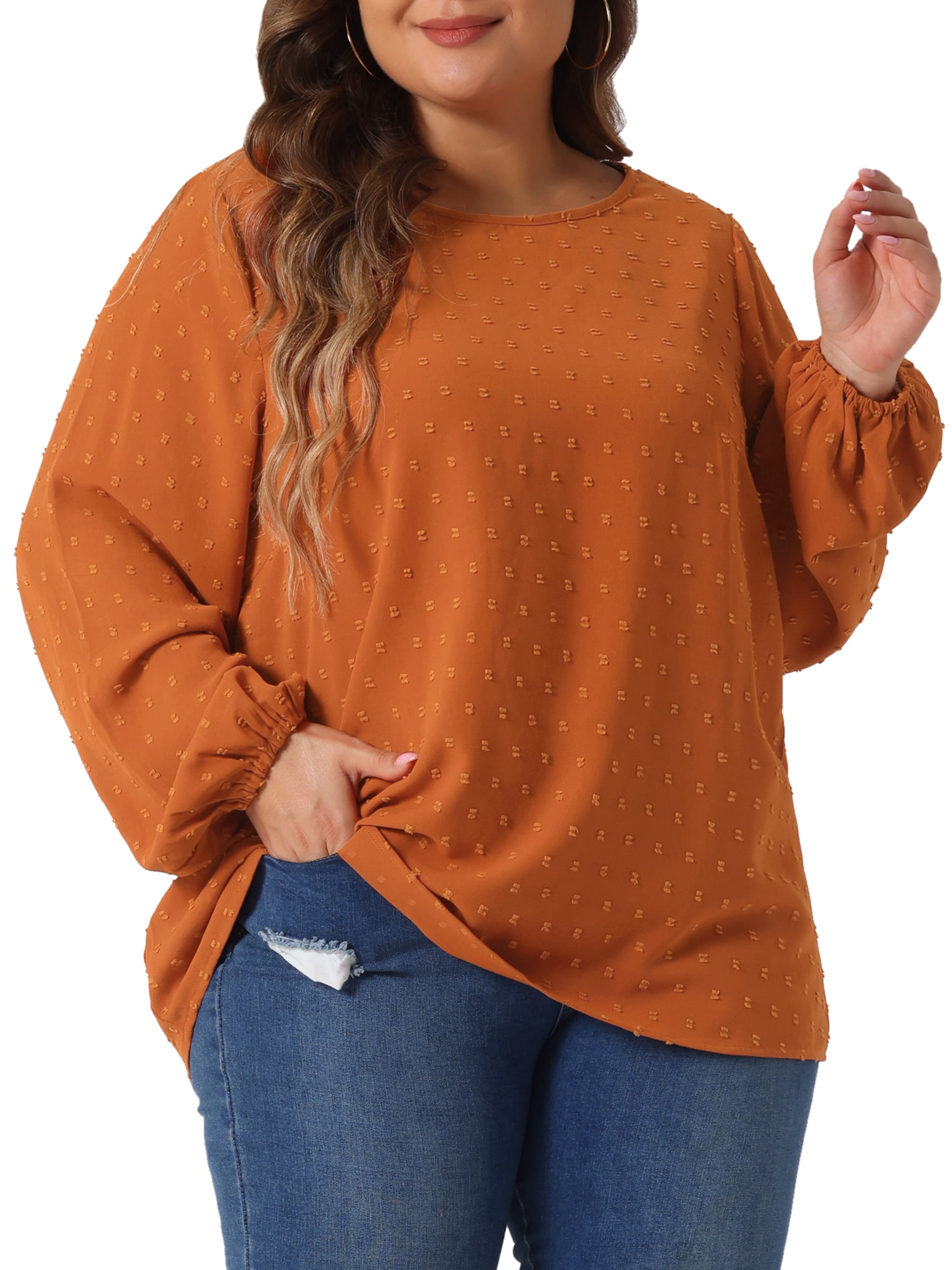 DARING DIVA Women's Plus Crewneck Chiffon Swiss Dots Shirts Top 1X Caramel