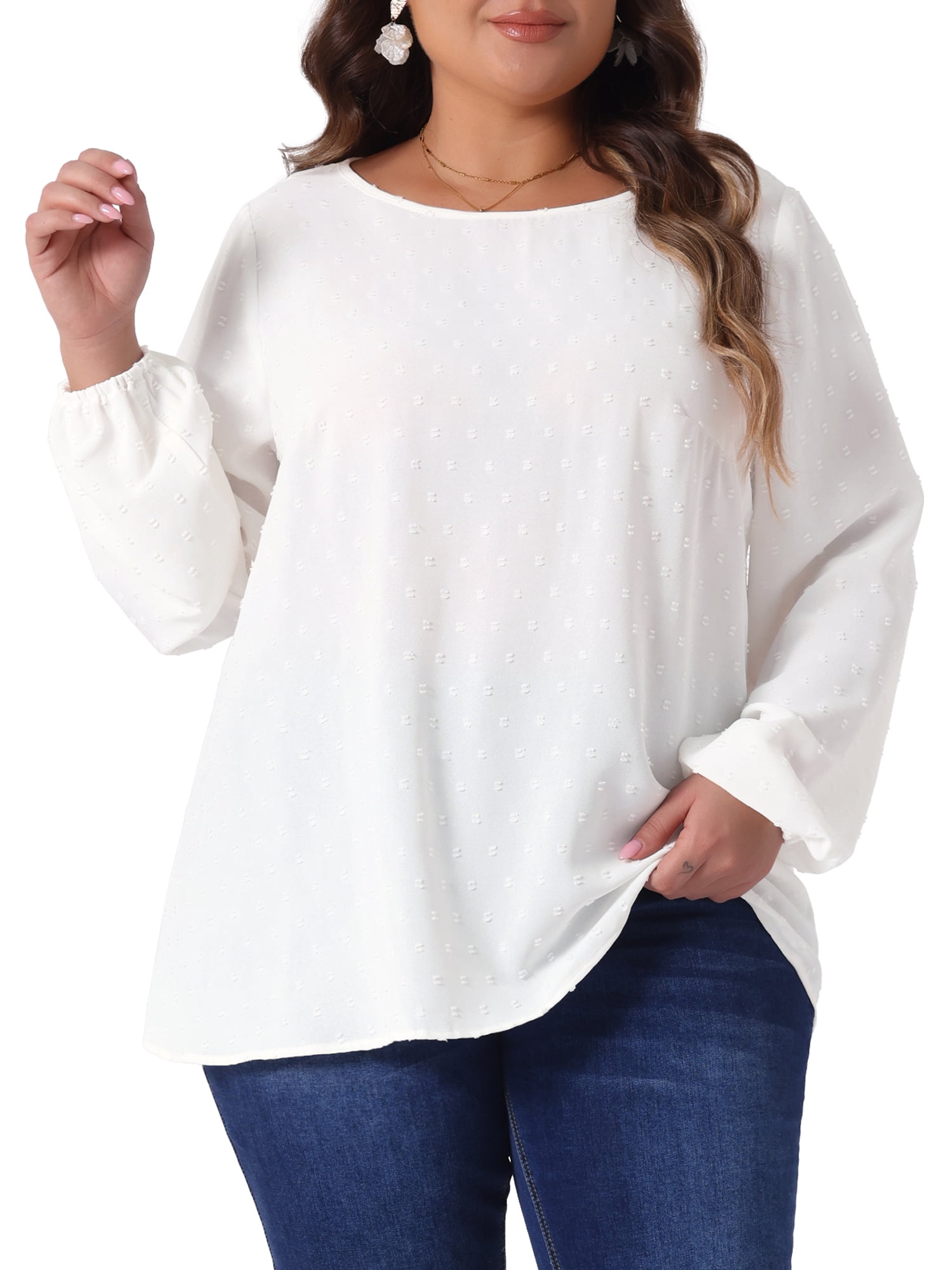 DARING DIVA Women's Plus Crewneck Chiffon Swiss Dots Shirts Top 4X White