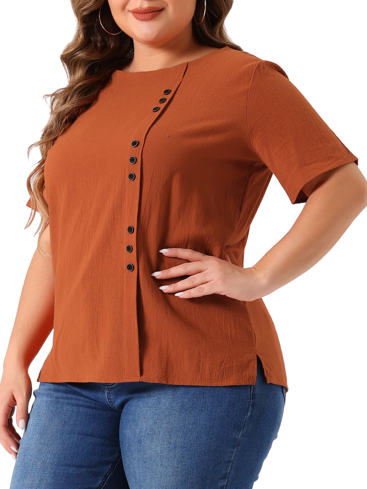 Women's Plus Top Short Sleeve Crew Neck Cotton Linen Blouses Top T Shirt 2X Brown