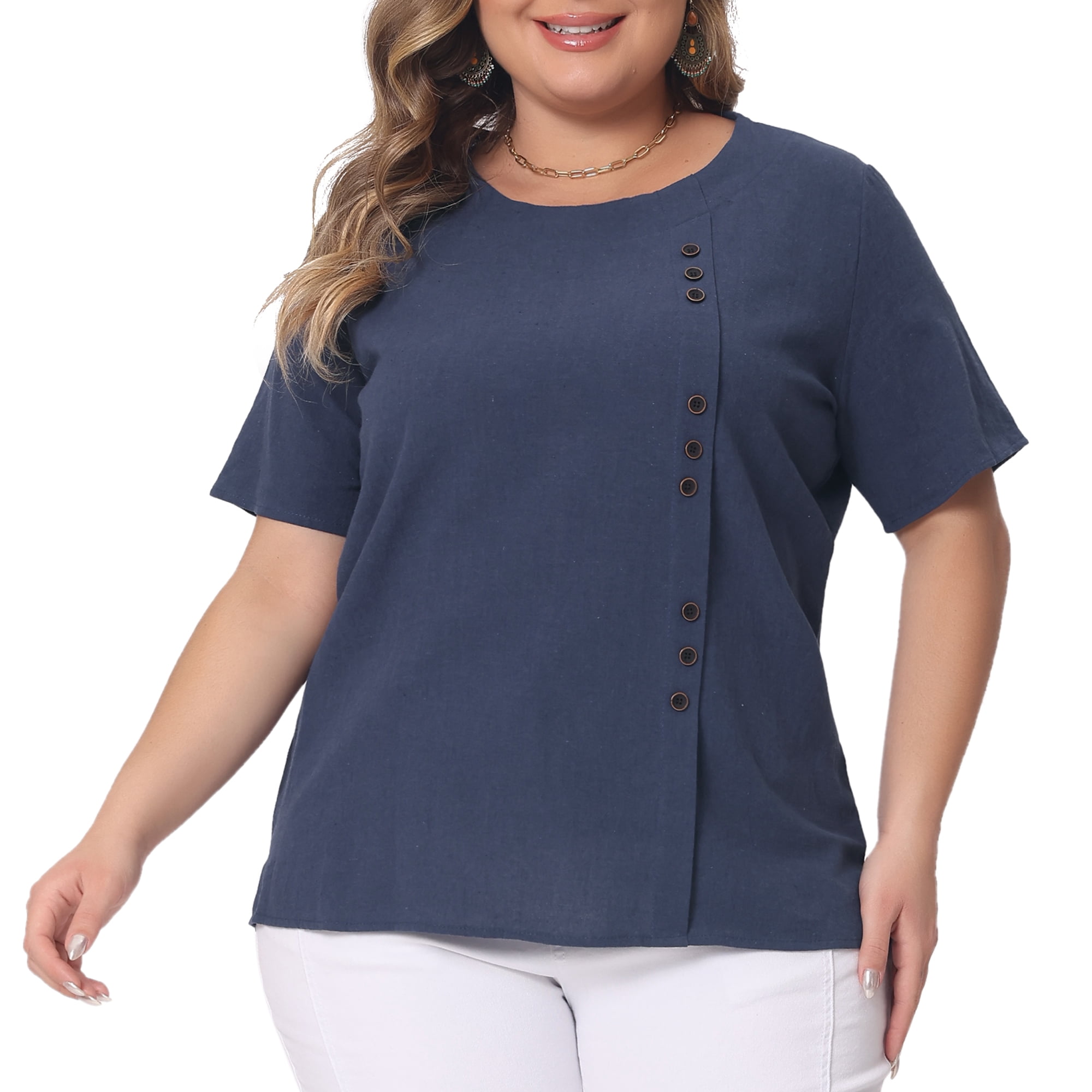 Women's Plus Top Short Sleeve Crew Neck Cotton Linen Blouses Top T Shirt 2X Navy Blue