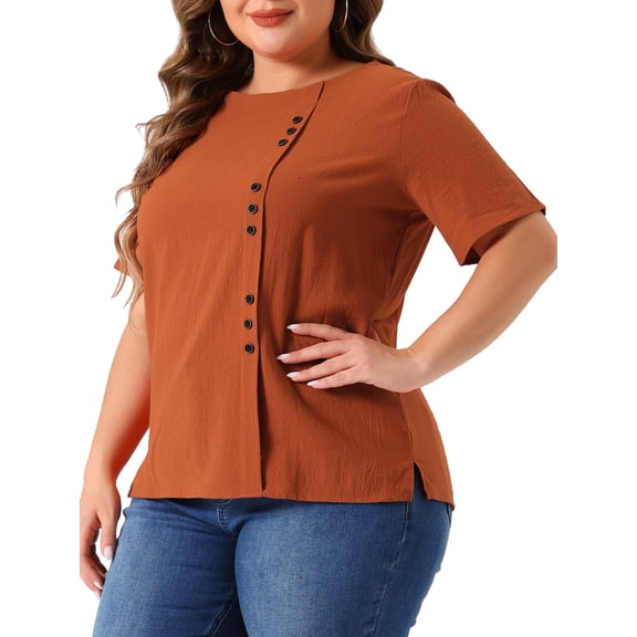 Women's Plus Top Short Sleeve Crew Neck Cotton Linen Blouses Top T Shirt 3X Brown