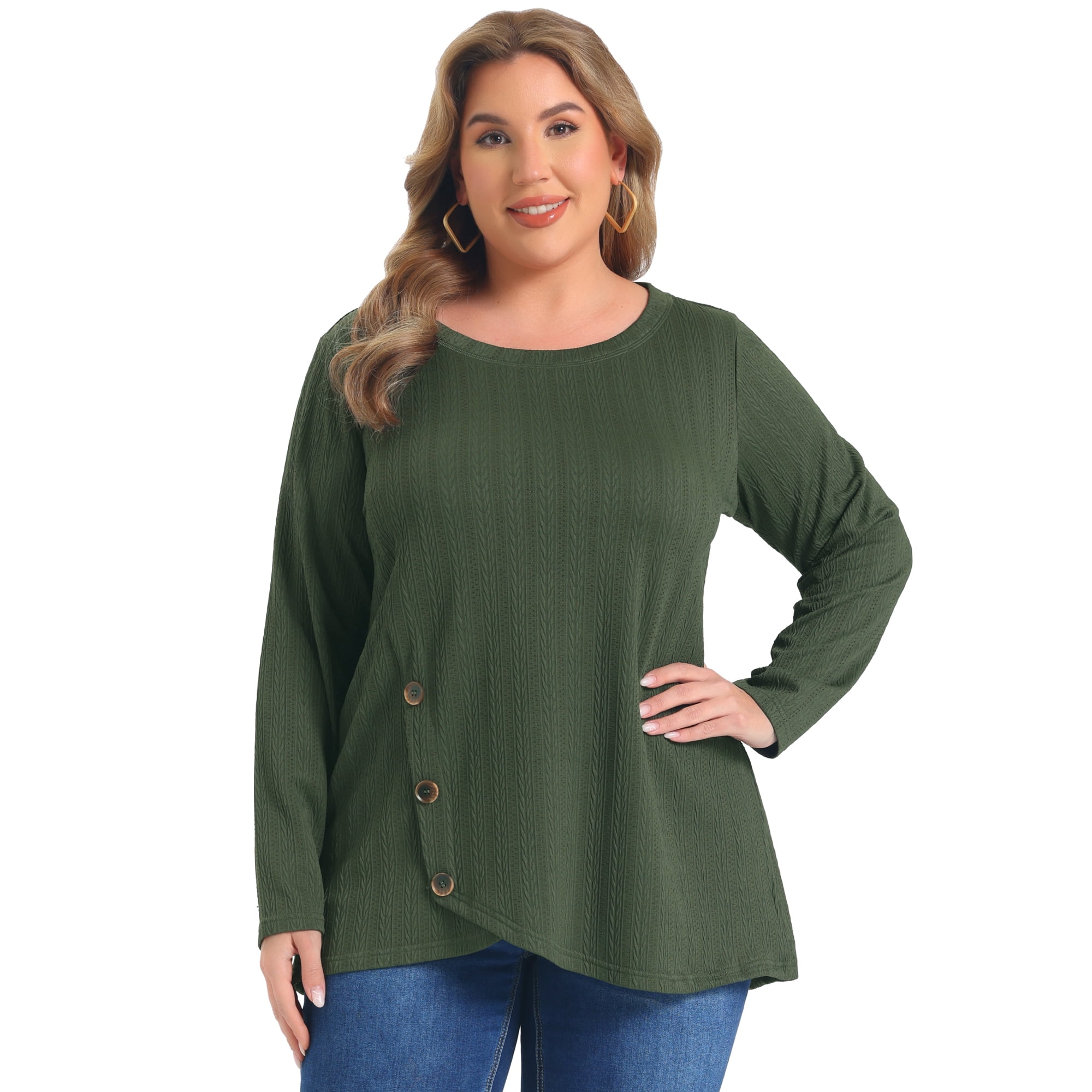 DARING DIVA Women's Plus Crew Neck Crossover Hem Long Sleeve 2X Army Green