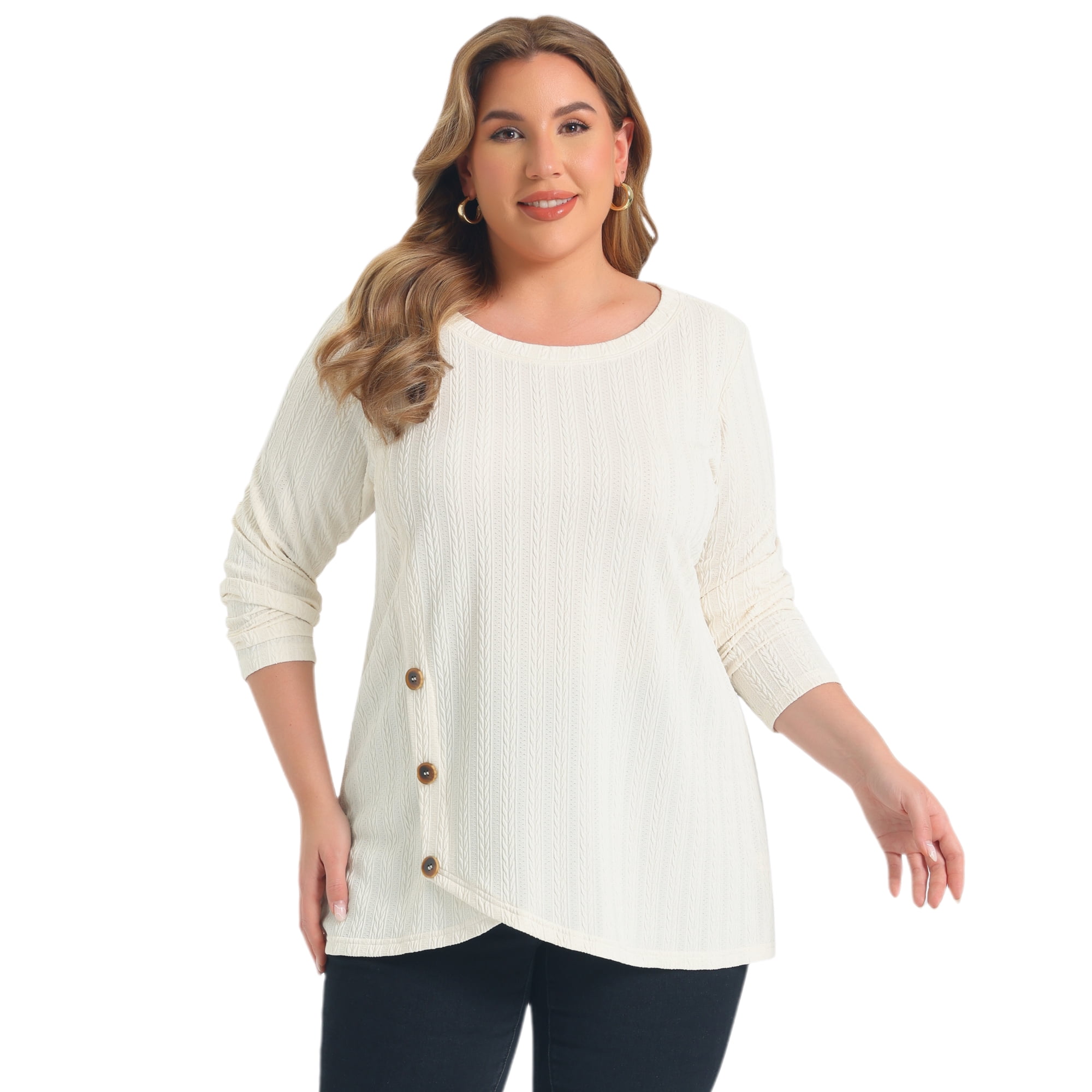 DARING DIVA Women's Plus Crew Neck Crossover Hem Long Sleeve 3X Beige