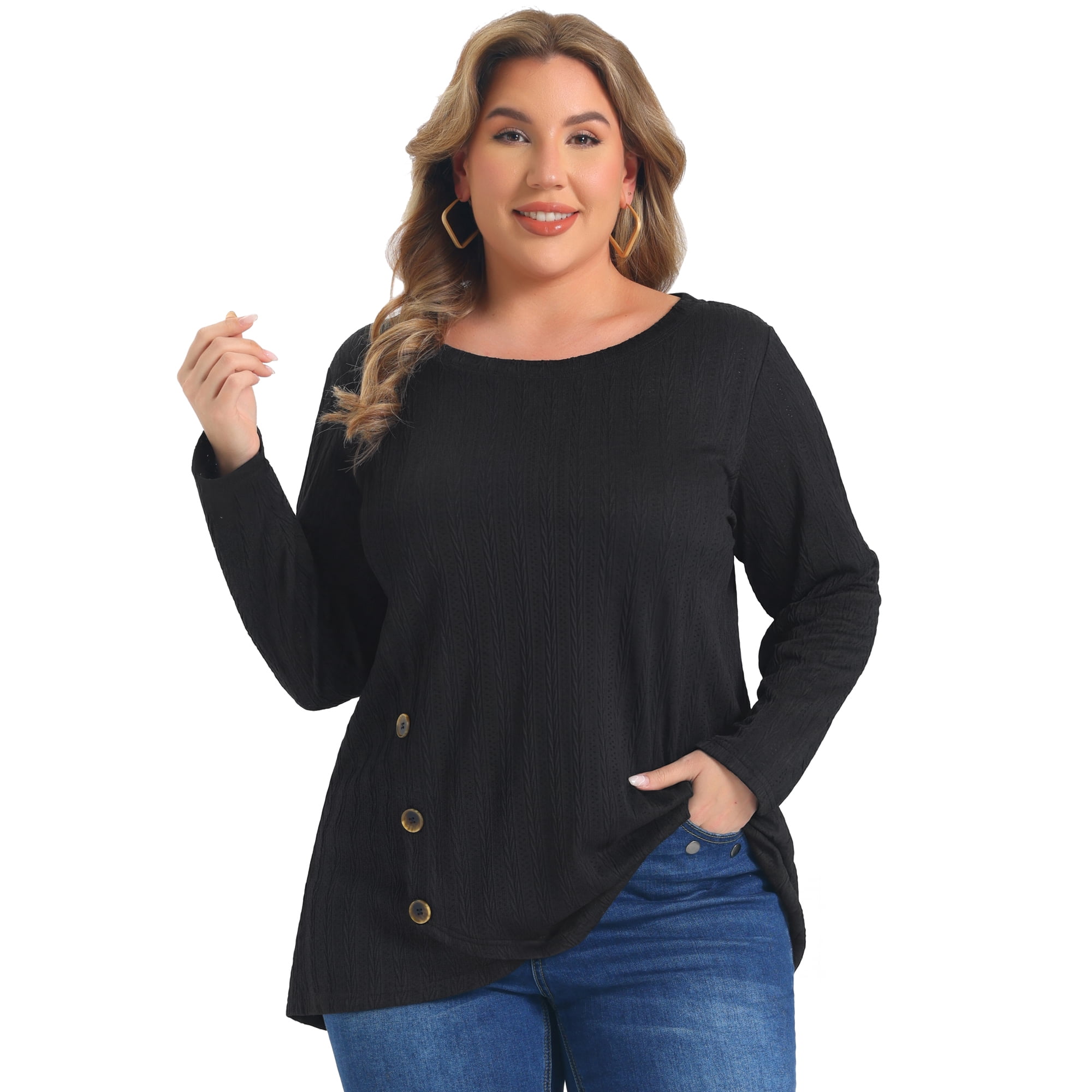 DARING DIVA Women's Plus Crew Neck Crossover Hem Long Sleeve 4X Black